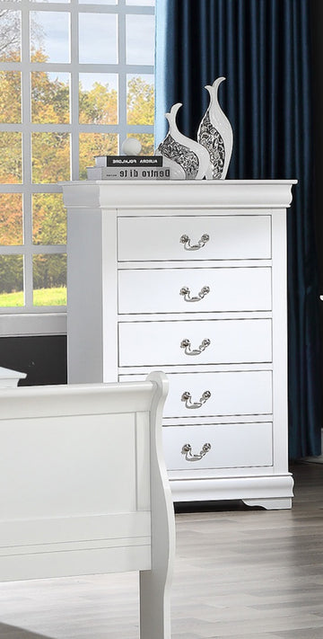 1Pc White Finish Five Drawers Louis Philip Chest Solid Wood Contemporary Sleek Large Storage White Transitional Solid Wood