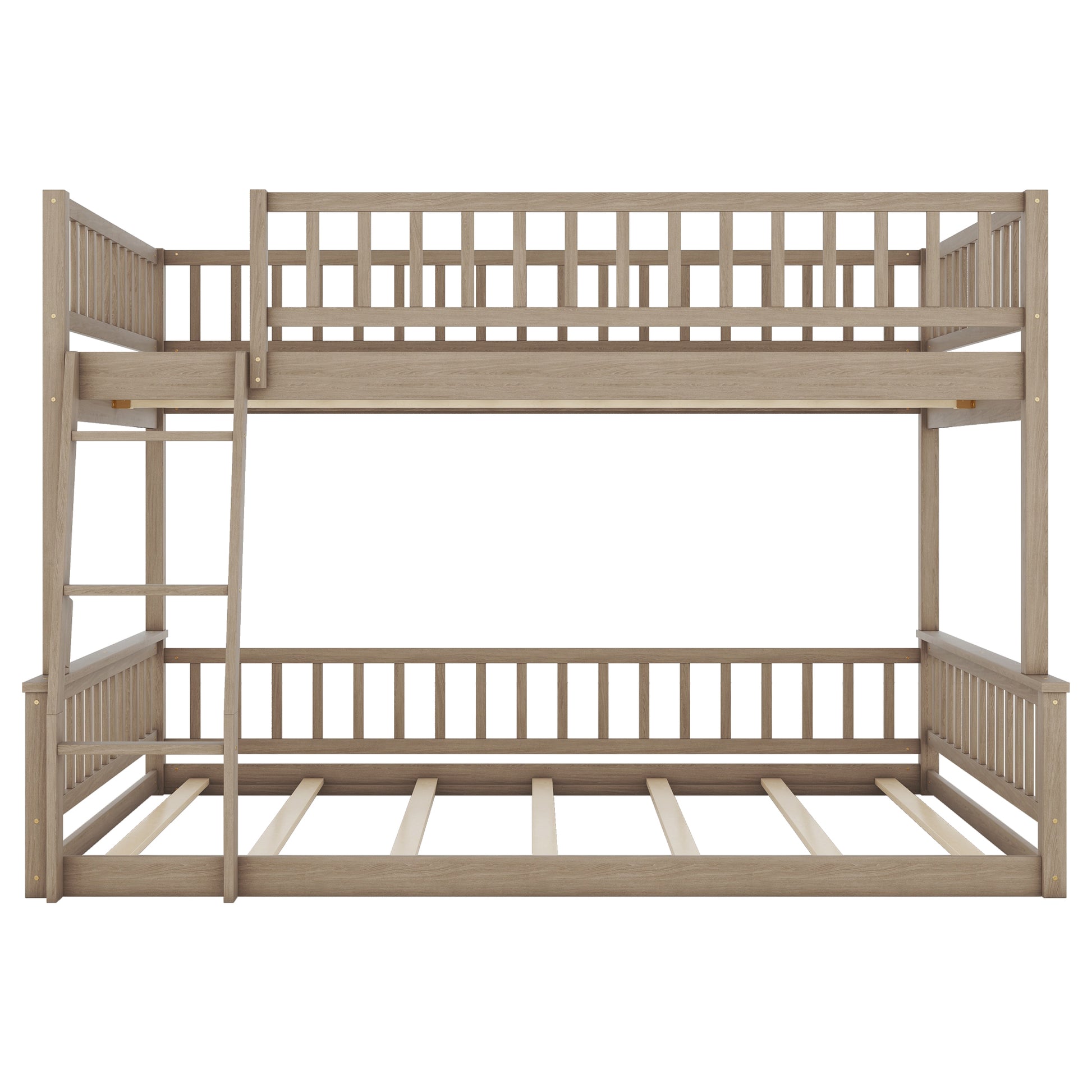 Full Xl Over Queen Bunk Bed With Ladder And Guardrails, Walnut Box Spring Not Required Queen Walnut Wood Bunk Solid Wood Mdf