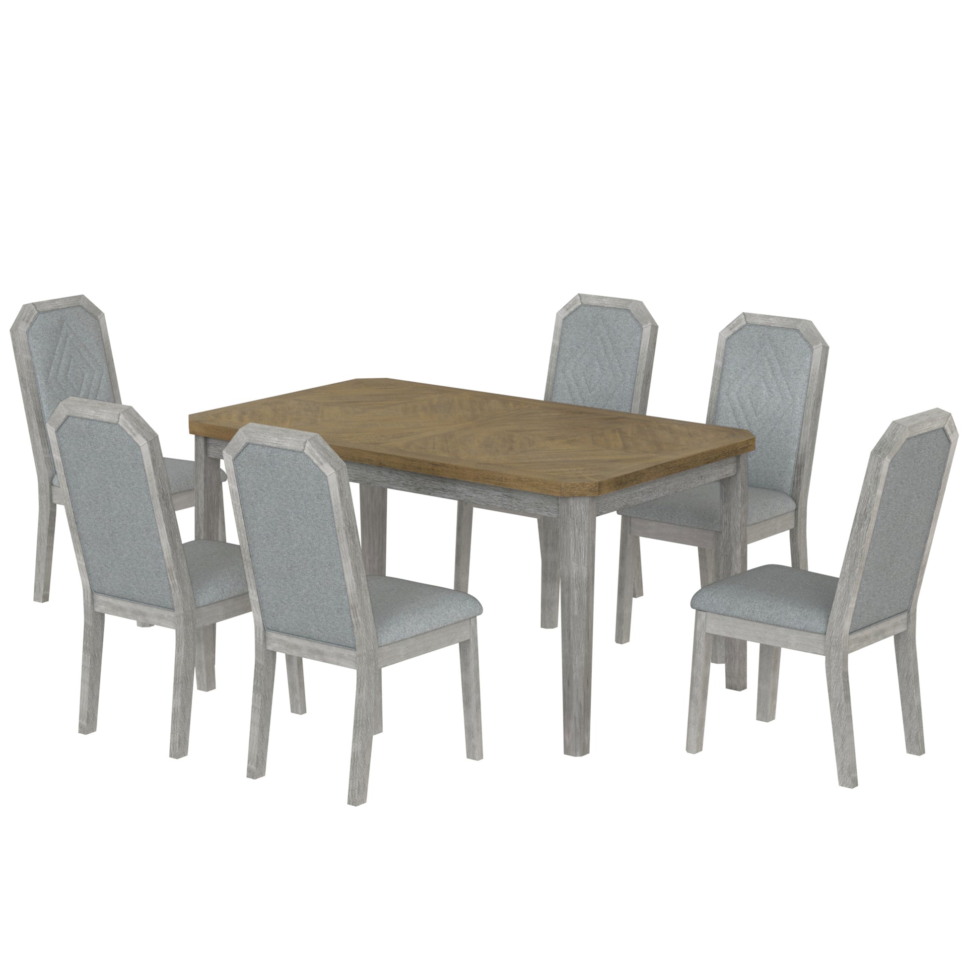 7 Piece Farmhouse Dining Set Classic Rustic Table And 6 High Back Design Chairs For Dining Room, Kitchen Brown Gray Brown Gray Solid Wood Mdf