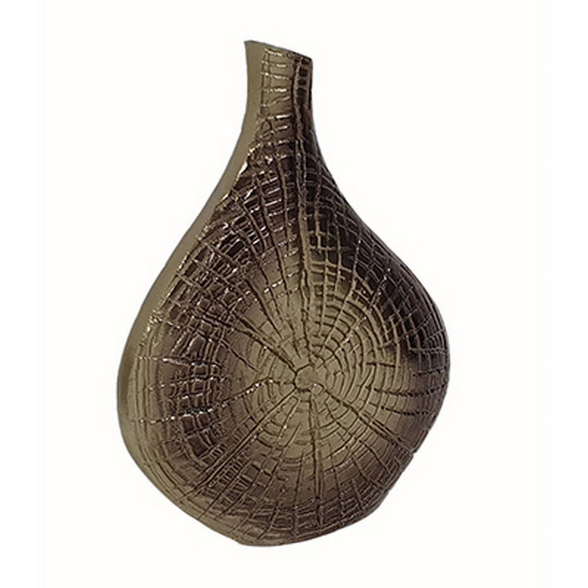 Zelo 11 Inch Decorative Vase, Aluminum, Webbed Design, Bottleneck, Gold Gold Brown Aluminium