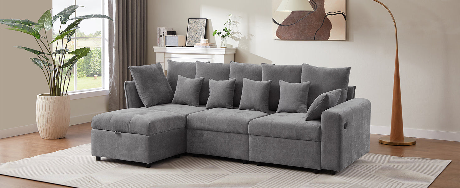 96.45"Sectional Sofa Modular Sofa Couch With Three Usb Ports, A Removable Storage Ottoman And Five Back Pillows For Living Room, Grey Grey Foam Chenille 4 Seat