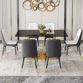 Table And Chair Set.Modern Rectangular Dining Table With Black Textured Stickers Glass Tabletop And Gold Plated Metal Legs.Paried With 6 Comfortable Chairs With Pu Seats And Black Metal Legs. Black Gold,White,White Gray Seats 6 Glass Metal