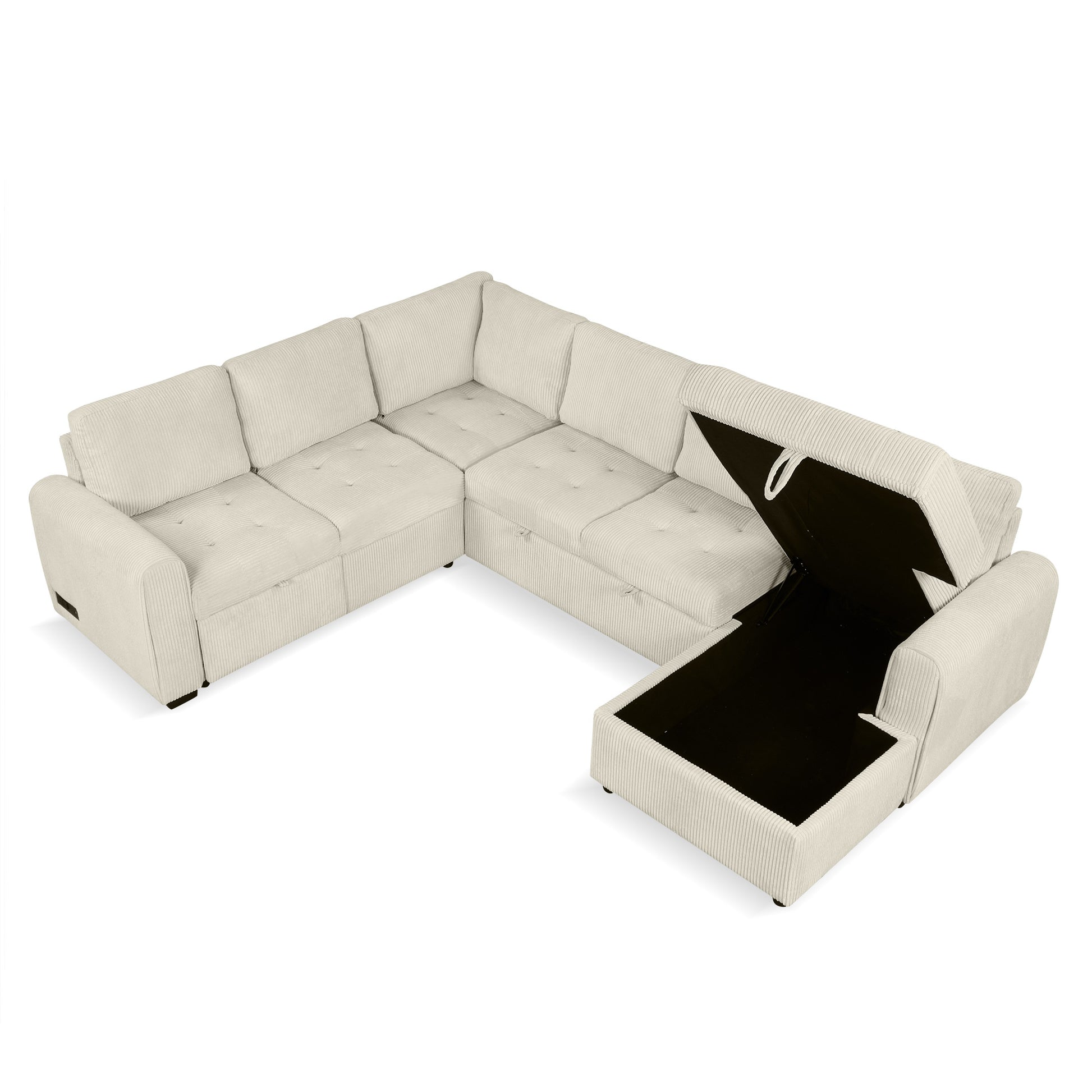 107.5" U Shaped Sofa Sectional Sofa Pull Out Sofa Bed With A Storage Chaise Lounge, Charging Devices For Living Room, Beige Beige Foam Corduroy 5 Seat