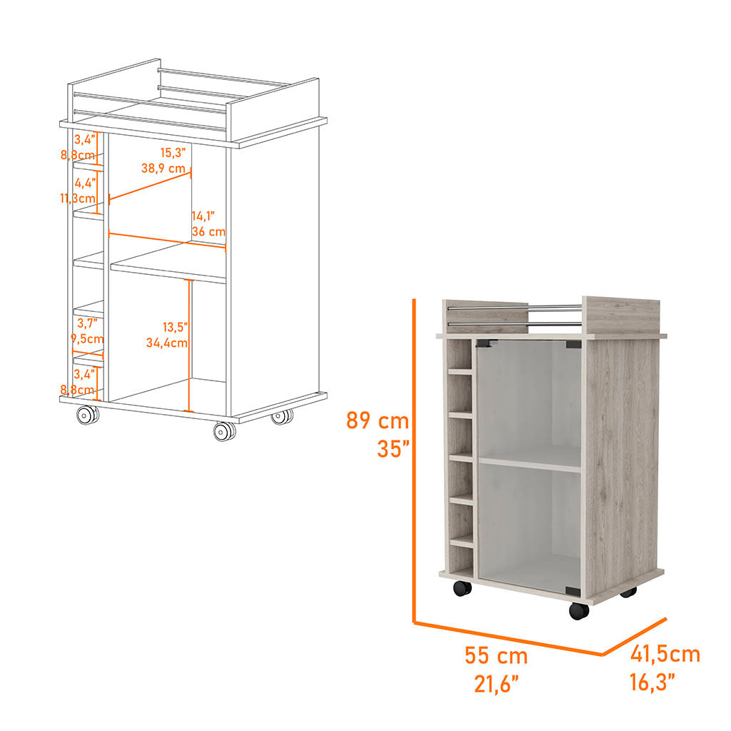 Vegas Bar Cart With 2 Tier Cabinet With Glass Door And 6 Cubbies For Liquor Light Gray Particle Board Engineered Wood