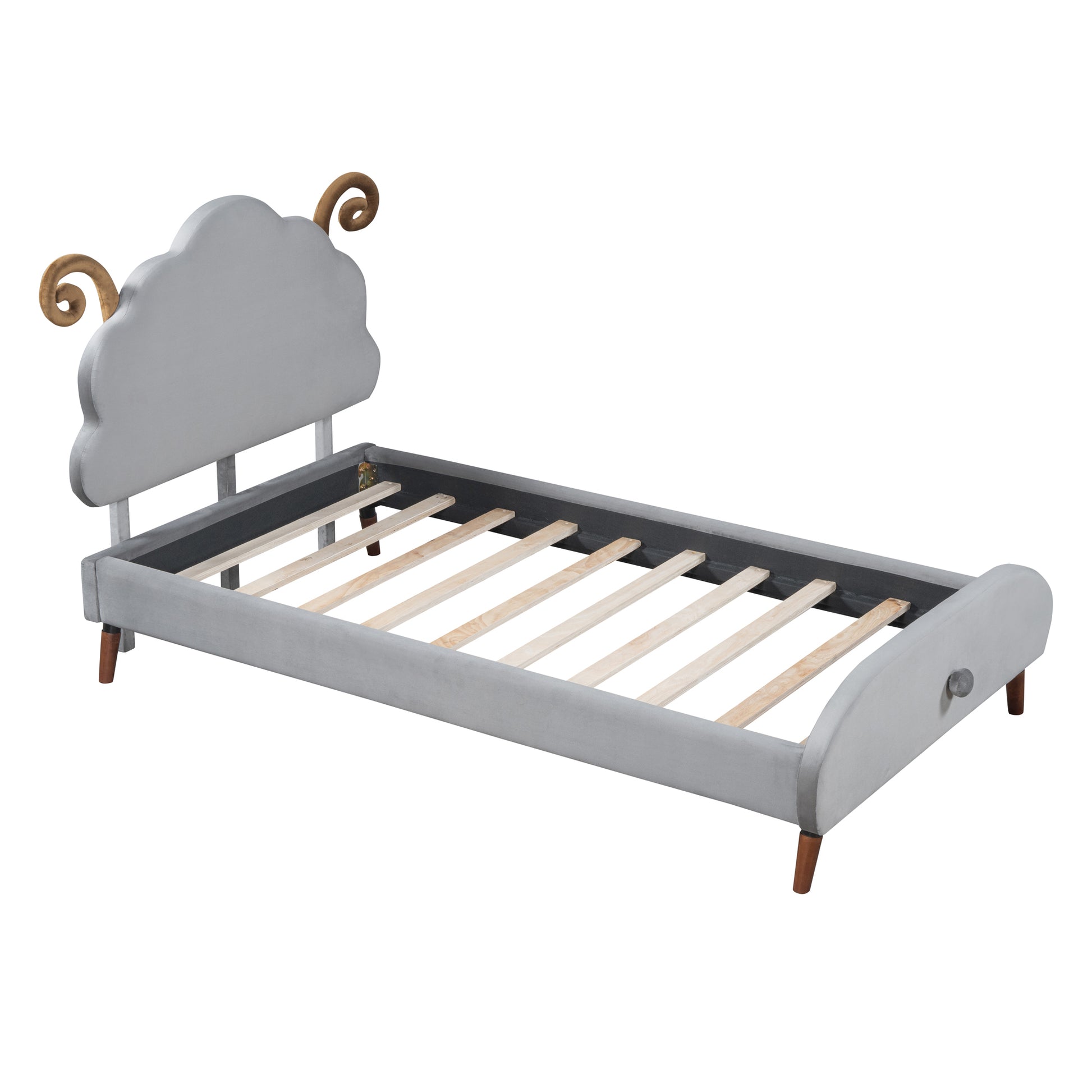 Twin Size Upholstered Platform Bed With Sheep Shaped Headboard, Gray Twin Gray Plywood