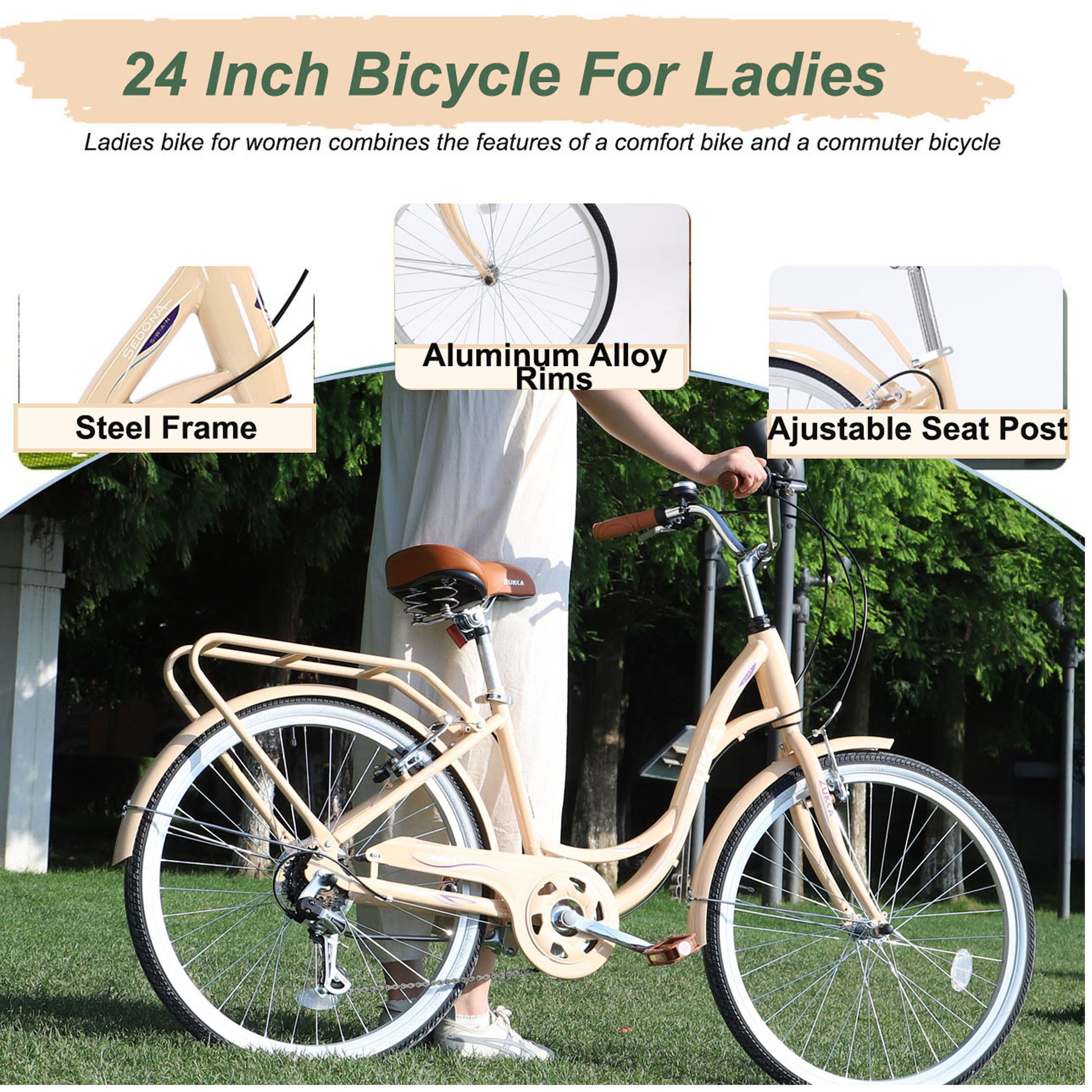 7 Speed, Steel Frame, Multiple Colors 24 Inch Ladies Bicycle Cycling Beige Garden & Outdoor Steel