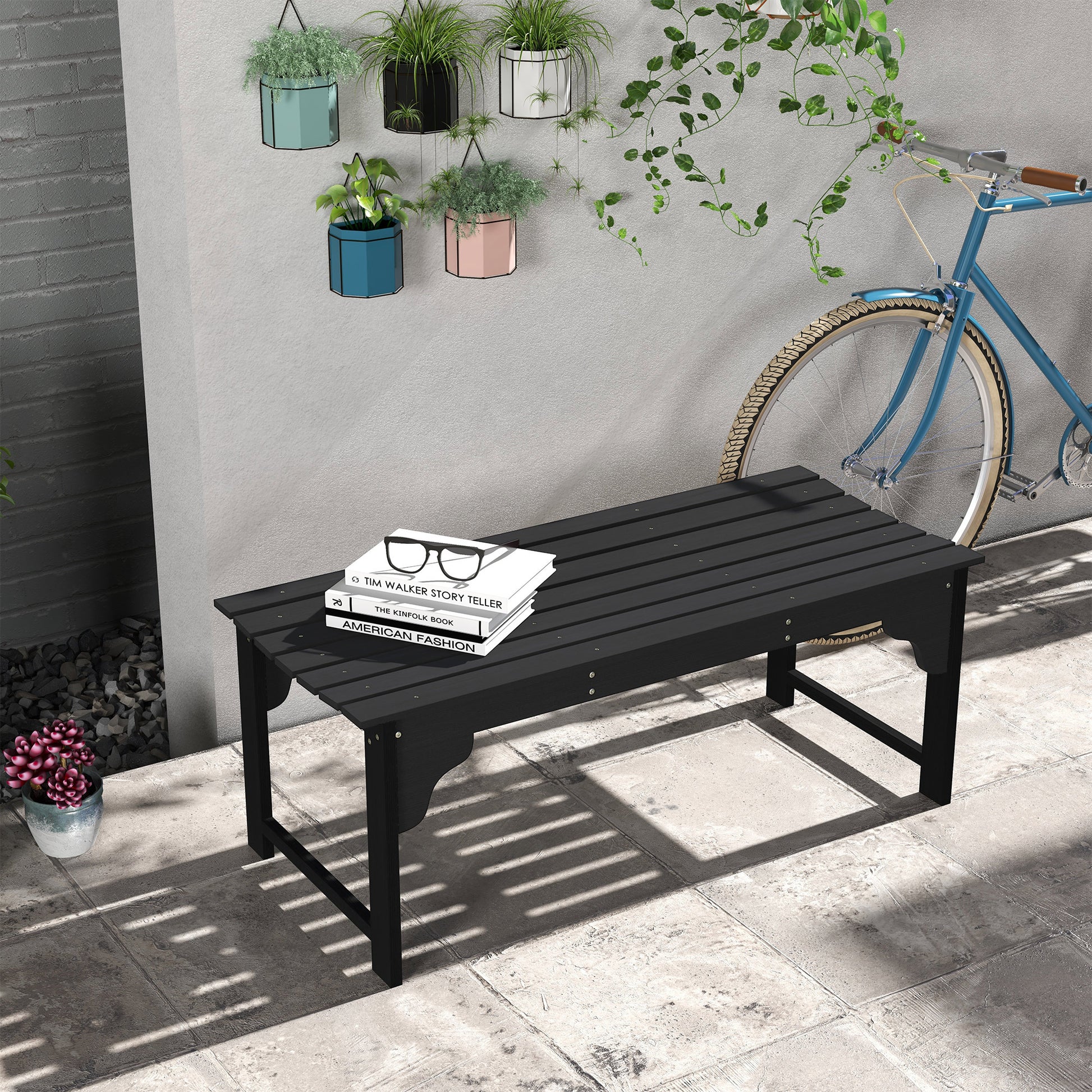 Outsunny Wooden Garden Bench, Outdoor Park Bench With Slatted Seat, Backless Front Porch Bench With Curved Seat For Conservatory, Garden, Poolside, Deck, Black Black Wood