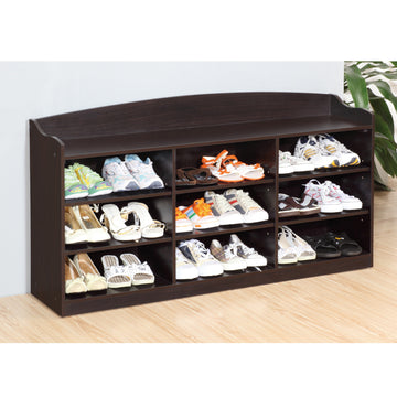 Entry Bench Shoe Rack With Nine Storage Shelves With Top Open Shelf In Red Cocoa Dark Brown Mdf