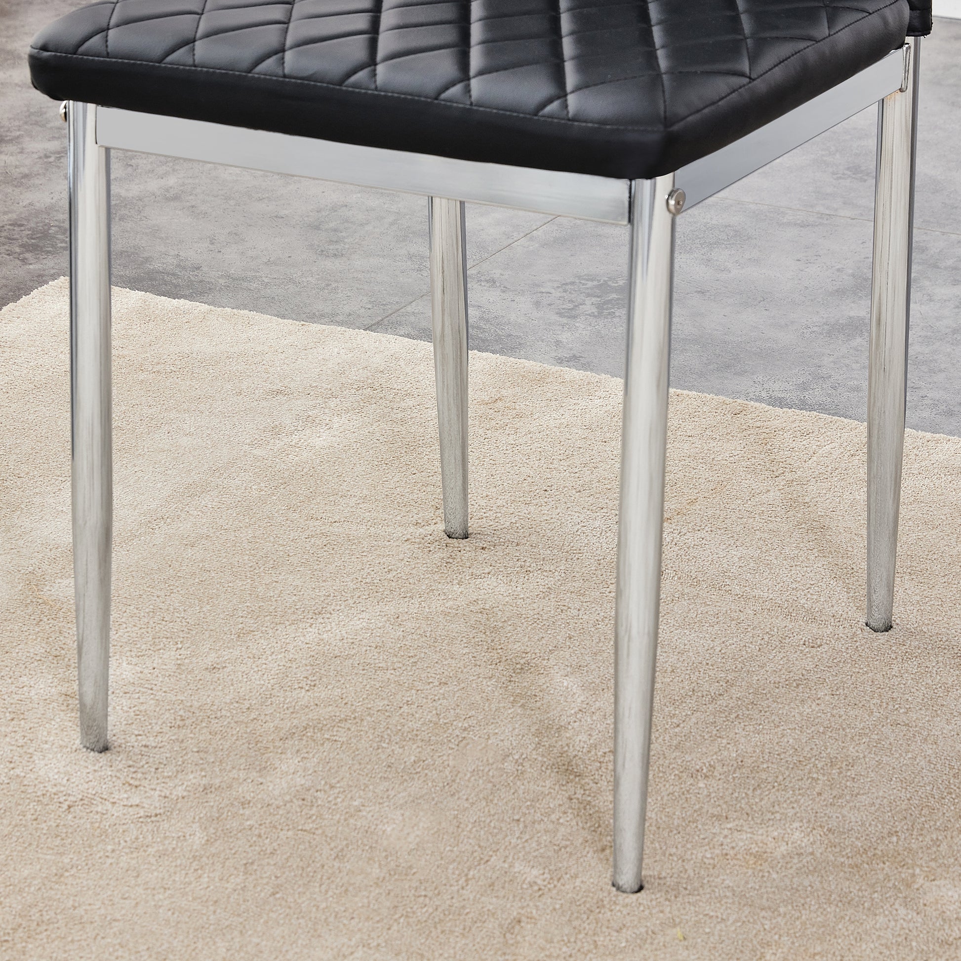 Table And Chair Set.Large Modern Rectangular Table With Brown Glass Top And Silver Metal Legs. Paired With 6 Black Chairs With Checkered Armless High Back Pu Cushion And Silver Metal Legs. Black,Silver Seats 6 Glass Metal
