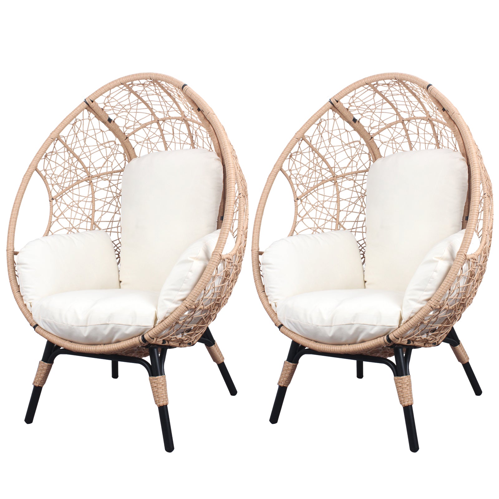 2 Pieces Patio Pe Wicker Egg Chairs Model 3 With Natural Color Rattan Beige Cushion Yes Natural Foam Steel