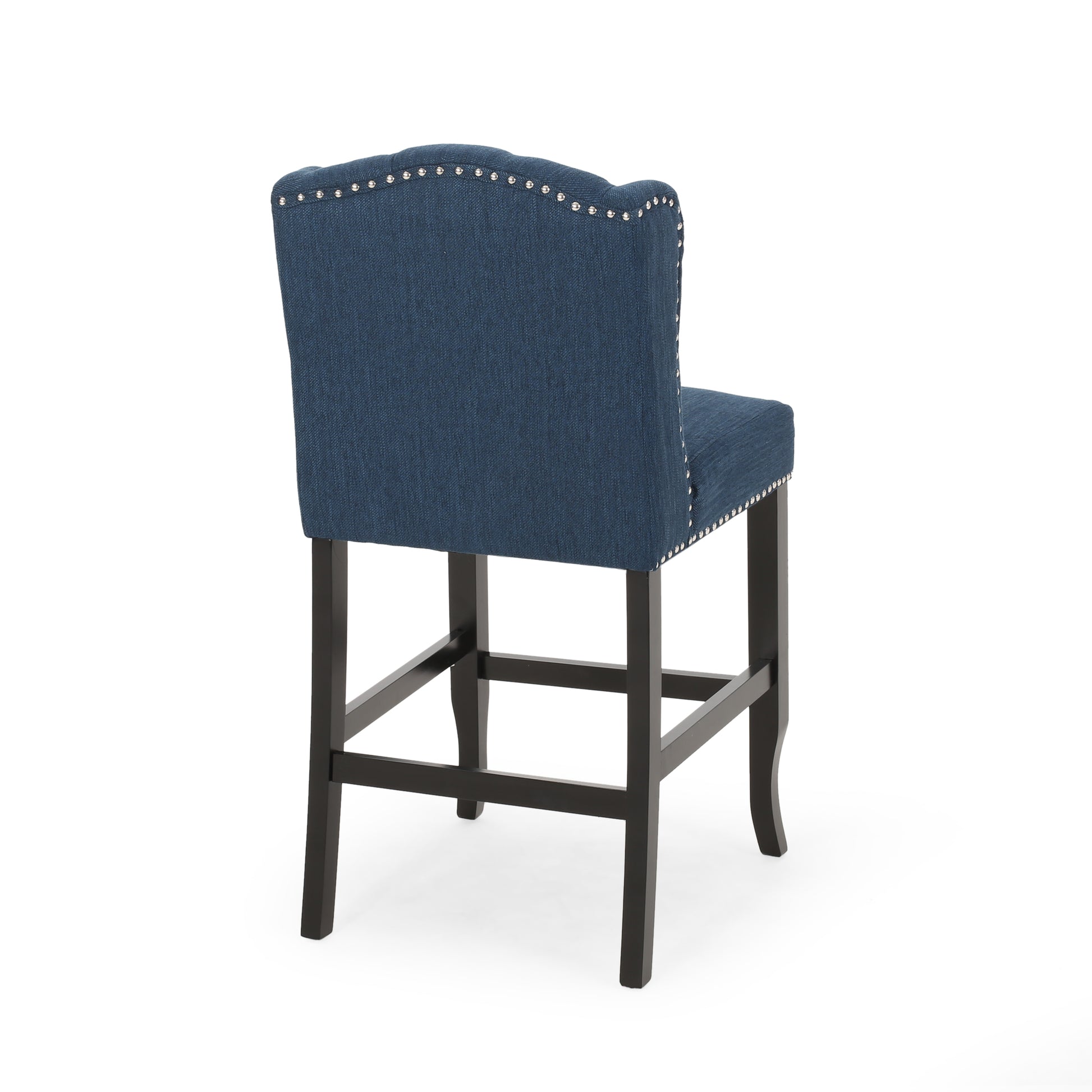 Vienna Contemporary Fabric Tufted Wingback 27 Inch Counter Stools, Set Of 2, Navy Blue And Dark Brown Navy Blue Fabric