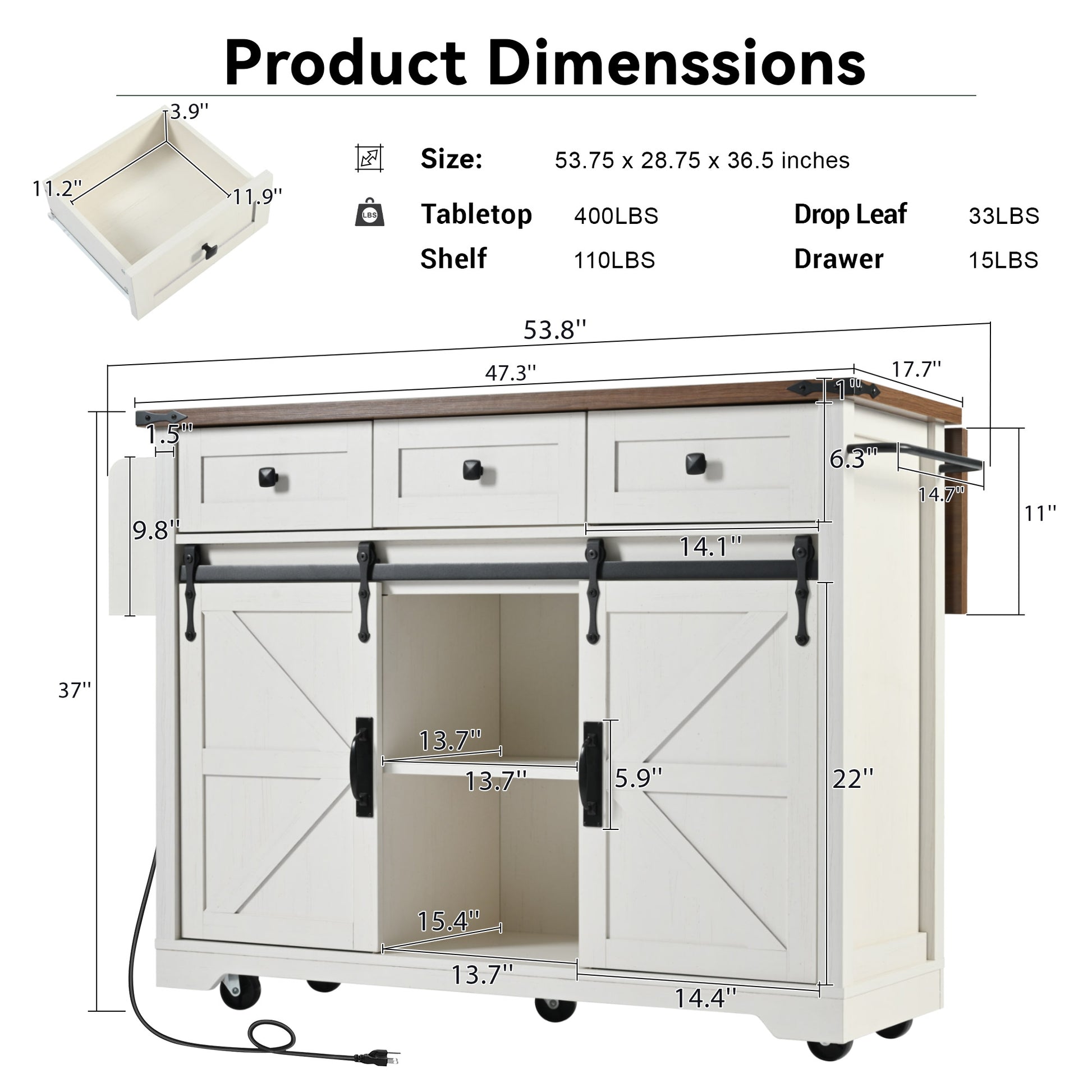 K&K 53.7" Farmhouse Kitchen Island With Power Outlet, 2 Sliding Barn Door Kitchen Storage Island With Drop Leaf, Spice Rack Rolling Kitchen Cart On Wheels, For Home, Kitchen And Dining Room, White