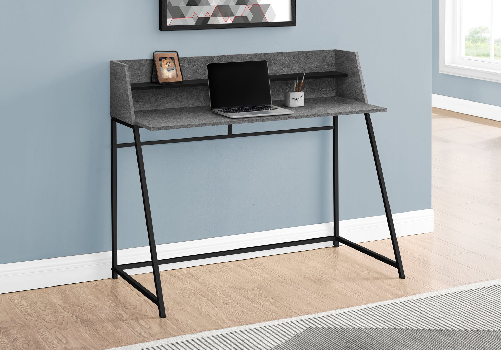 Computer Desk, Home Office, Laptop, Storage Shelves, 48"L, Work, Grey Stone Look Laminate, Black Metal, Contemporary, Modern Grey Particle Board