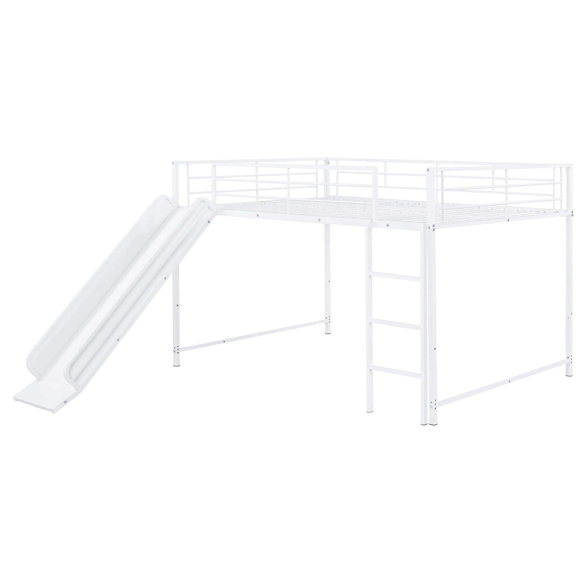 Full Over Full Size Metal Bunk Bed With Slide And Guardrails, White Full White Metal