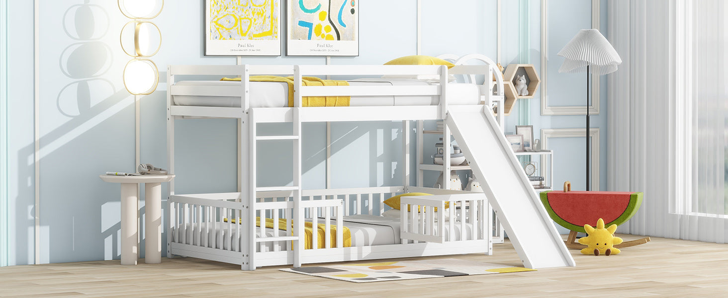 Twin Over Twin Floor Bunk Bed With Slide, Ladder, Door, Safety Guardrails, Solid Pine Wood Bunk Bed ,White Twin White Pine