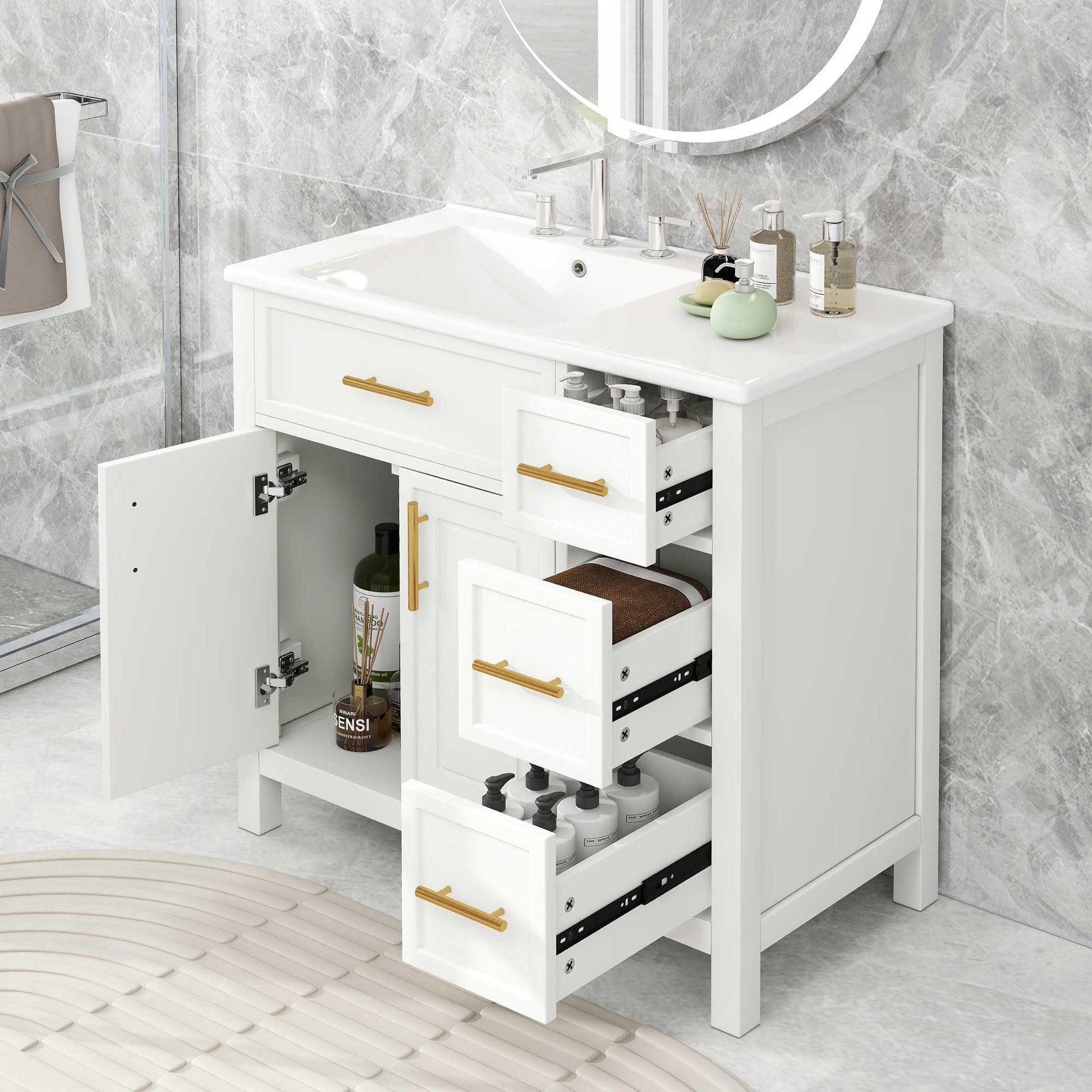 36" Bathroom Vanity With Sink Top, Bathroom Vanity Cabinet With Two Doors And Three Drawers, Solid Woodmdf Boards ,One Package, White Old Sku:Wf319757Aak White Solid Wood Mdf