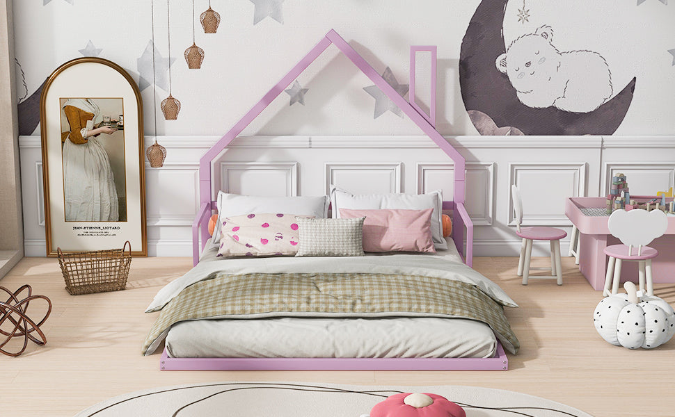 Full Size Metal Floor Bed With House Shaped Headboard, White Box Spring Not Required Full Pink Metal Bedroom Bed Frame Metal