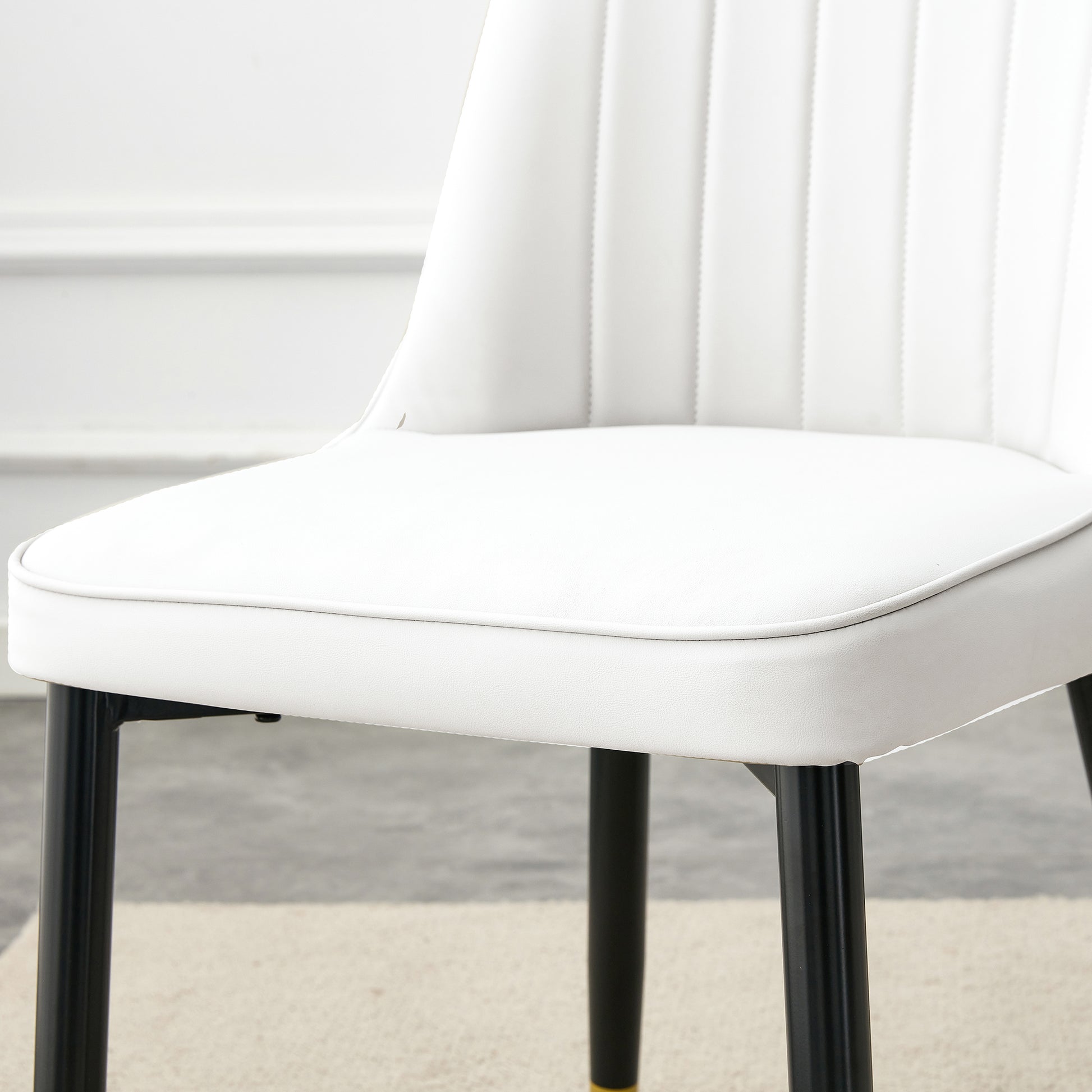 Table And Chair Set.The Table Has A Glass Top With Imitation Marble Pattern Stickers And Stainless Steel Golden Legs. Paried With Chairs With Pu Artificial Leather Backrest Cushions And Black Legs. White Gold Seats 8 Glass Metal