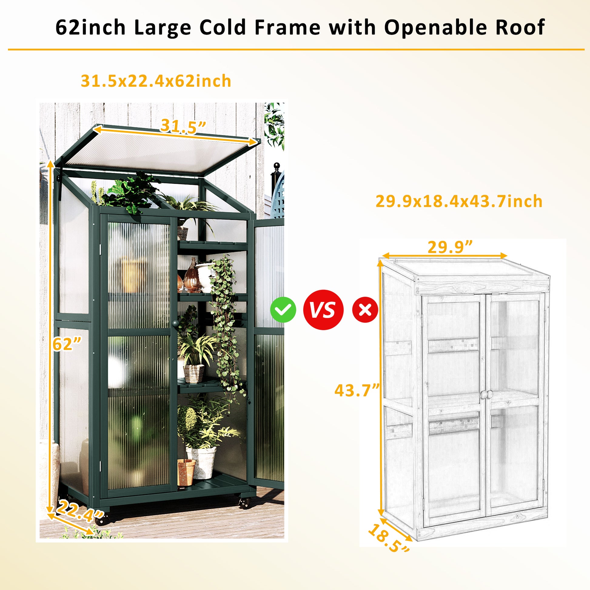 62Inch Height Wood Large Greenhouse Balcony Portable Cold Frame With Wheels And Adjustable Shelves For Outdoor Indoor Use, Forest Green Green Casual Wood Solid Wood