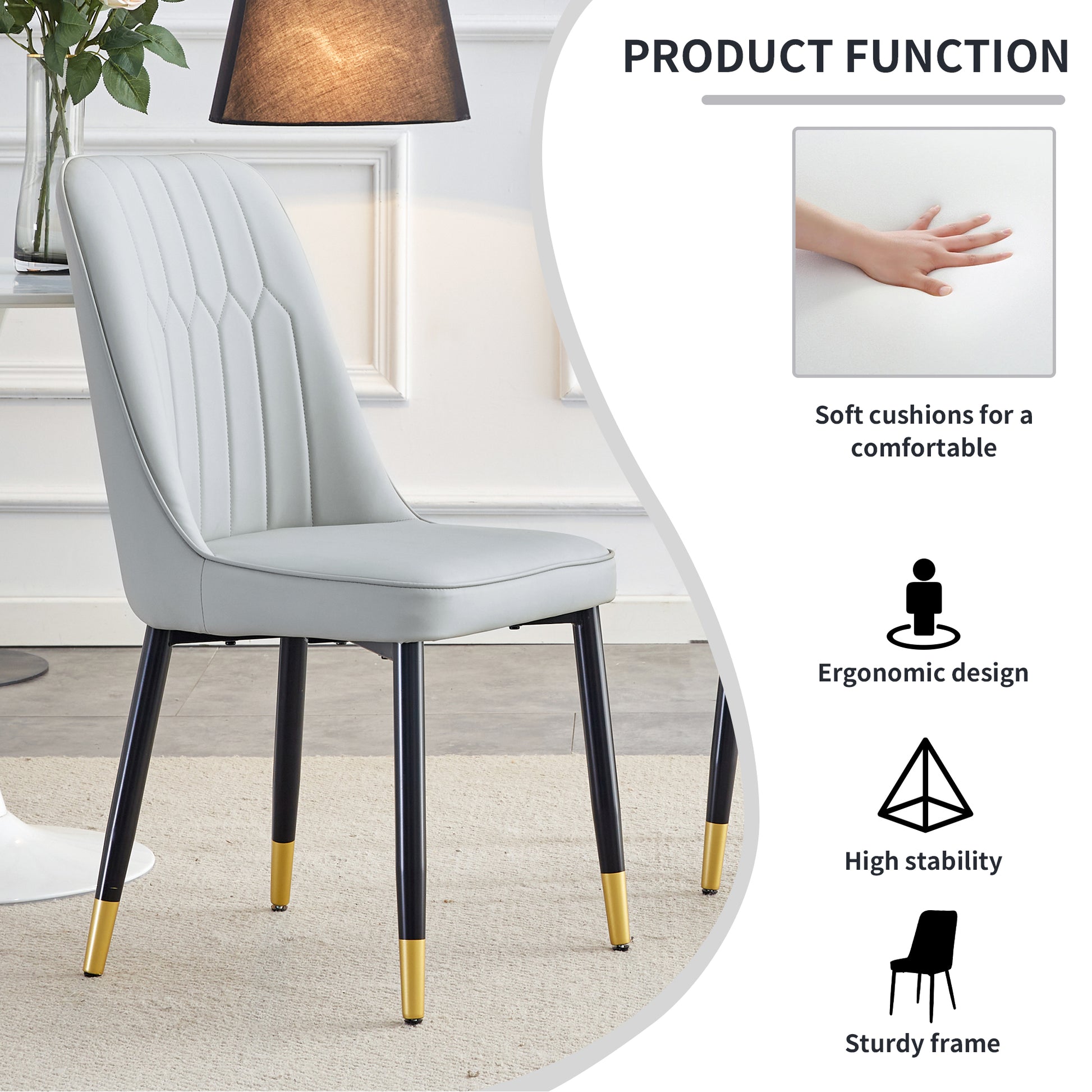 Table And Chair Set.The Table Has A Glass Top With Imitation Marble Pattern Stickers And Stainless Steel Golden Legs. Paried With Chairs With Pu Artificial Leather Backrest Cushions And Black Legs. White Gold Seats 8 Glass Metal