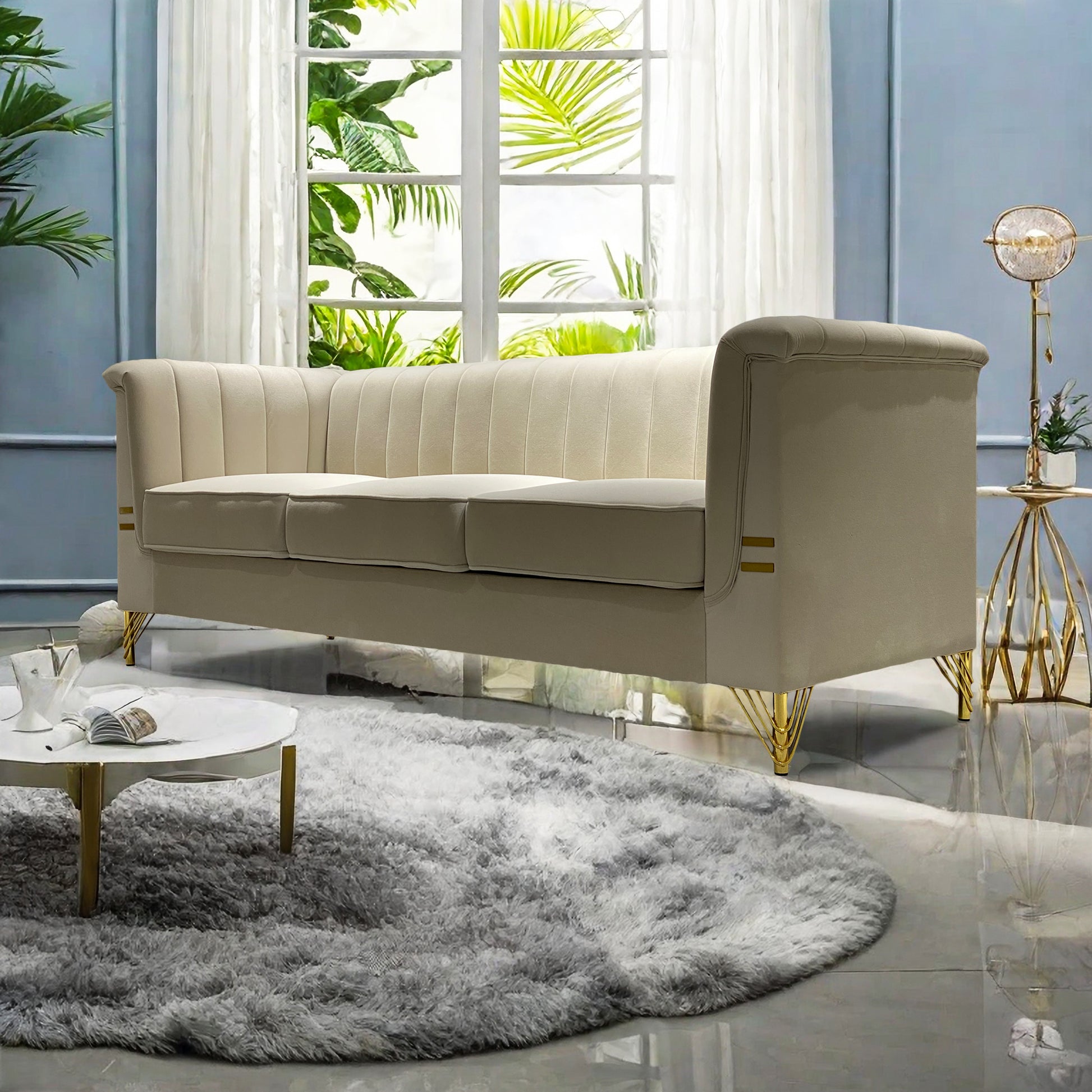 Fx P82 Be Sofa Modern Chenille Sofa, 82.67" Upholstered Couch With Bolster Armrest, 3 Seat Sofa For Living Room, Bedroom, Office, Apartment, Dorm, Beige Beige Velvet 3 Seat