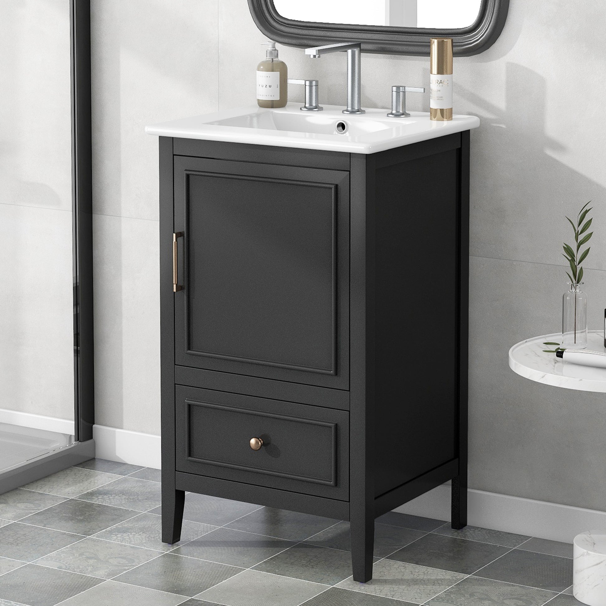 20" Bathroom Vanity With Sink, Bathroom Cabinet With Two Doors, Door Shelf Storage And Adiustable Foot Pads, A Drawer, Black Black Solid Wood Mdf