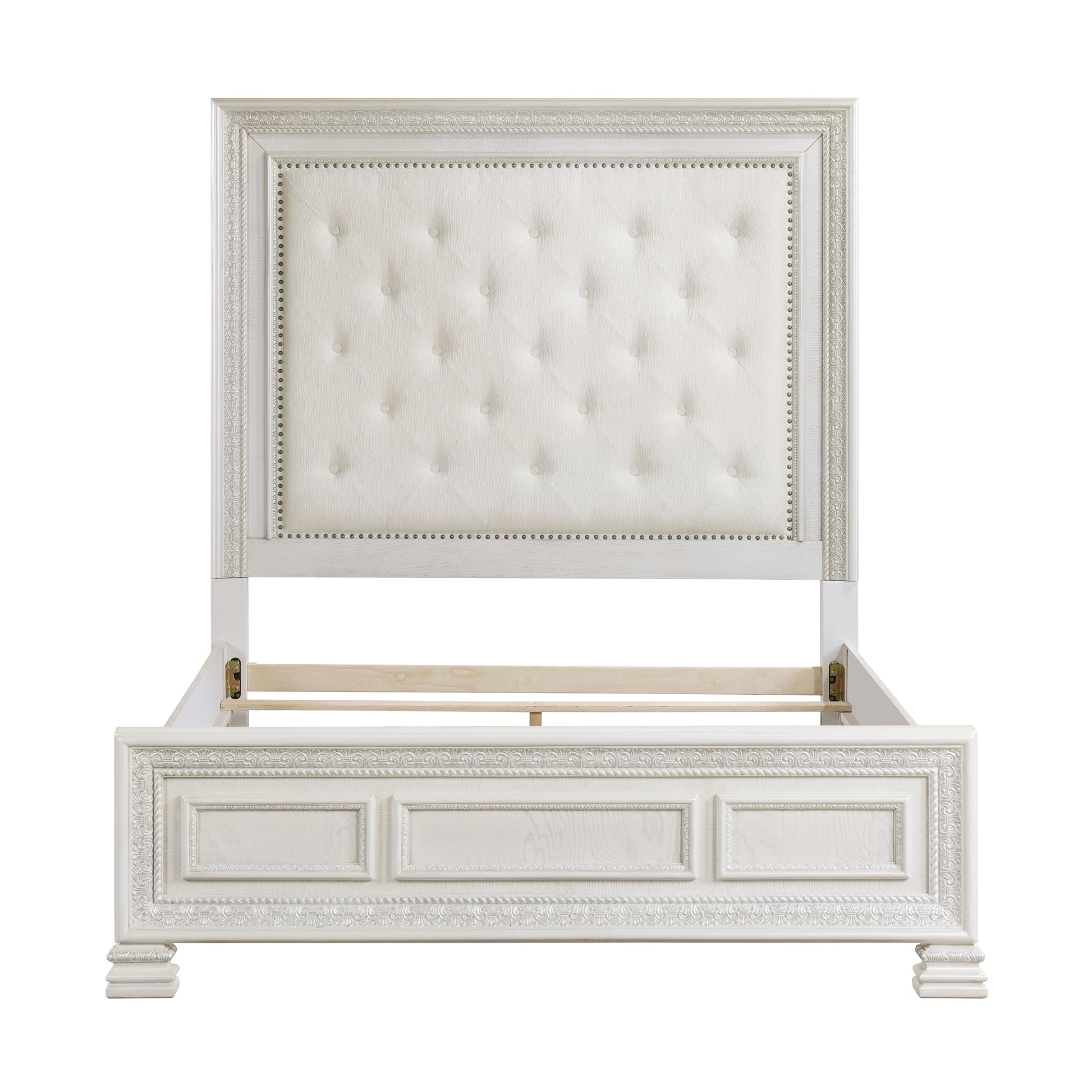 Classic Luxury Pearl White Finish Queen Bed Button Tufted Upholstered Headboard Bedroom Furniture 1Pc, Dart Molding Design Panels Box Spring Required Queen White Wood Bedroom Bed Frame Polyester