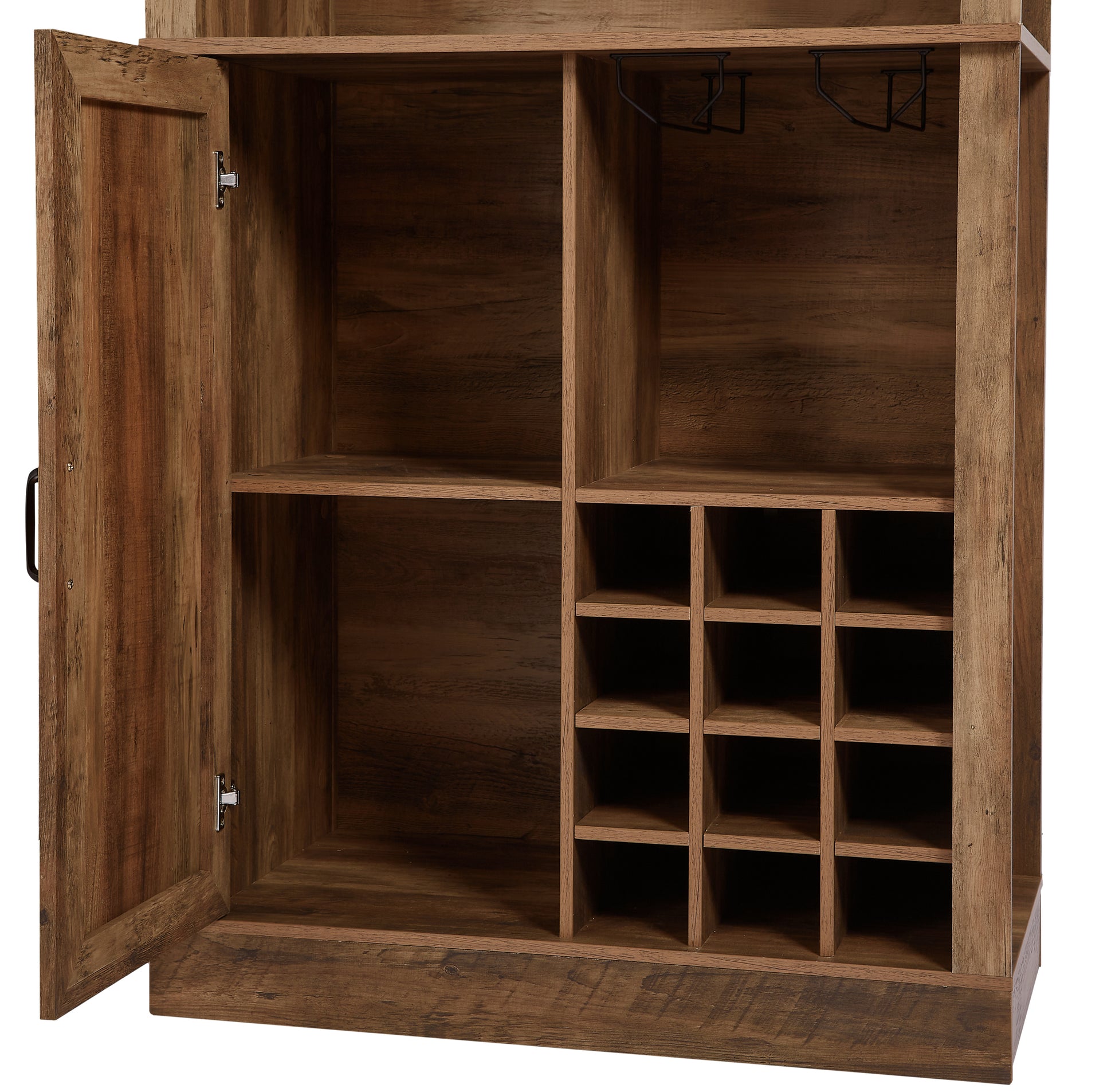 76 Inch Tall Rustic Oak Color Farmhouse Kitchen Faux Rattan Wine Cabinet, Kitchen Bar Cabinet With Square Compartmentslarge Wooden Faux Rattan Storage Cabinet With Barn Doors And Microwave Shelves Oak Particle Board Mdf