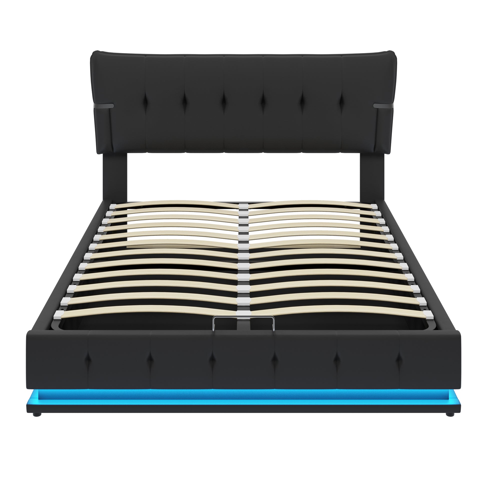 Upholstered Platform Queen Size Hydraulic Storage Bed, Lift Up Storage Bed With Rgb Led Light, Pu Leather Headboard And Footboard, No Box Spring Needed, Black Queen Black Wood Metal