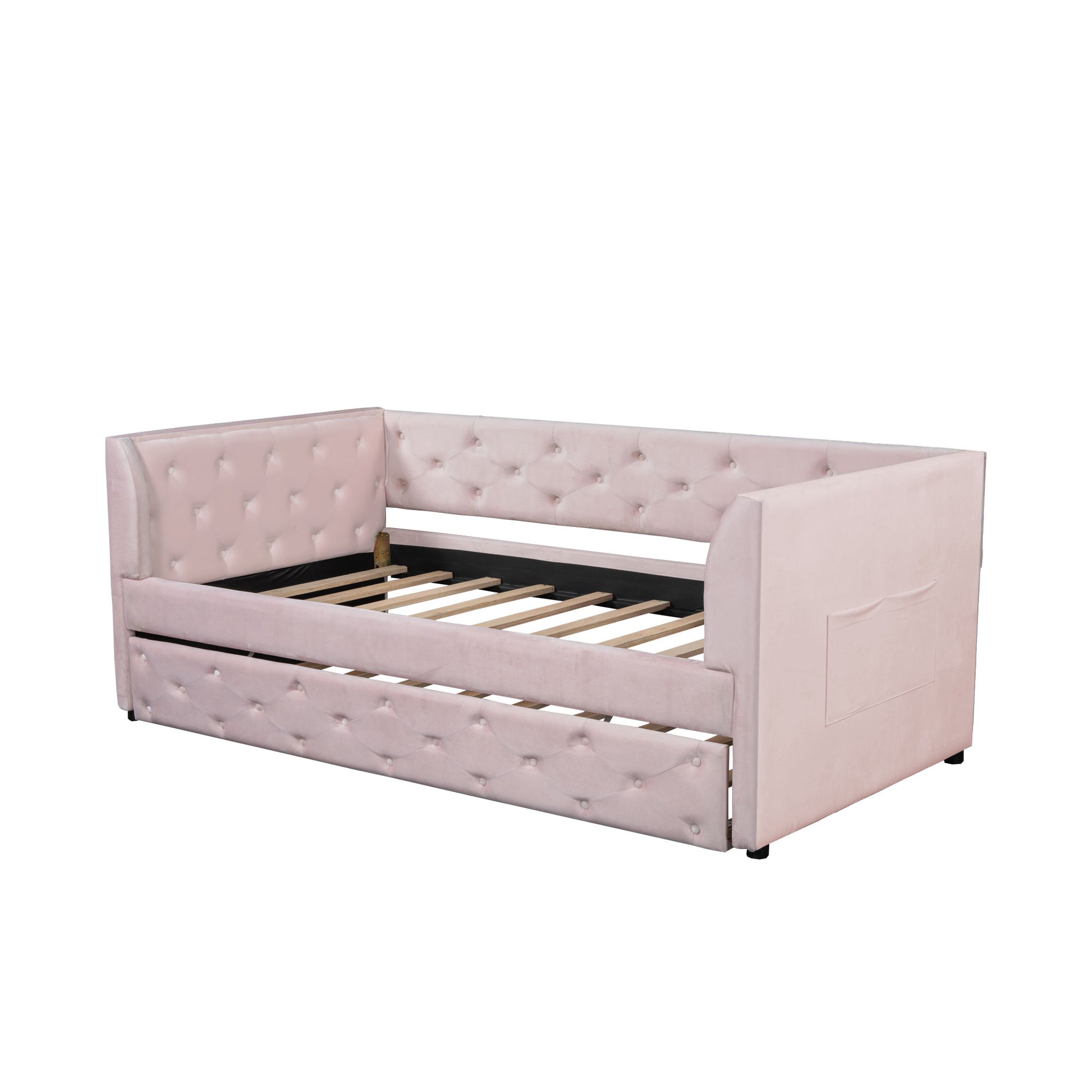 Twin Size Upholstered Velvet Tufted Daybed With Trundle, Pink Box Spring Not Required Twin Pink Wood Daybeds Velvet Solid Wood Mdf,Velvet