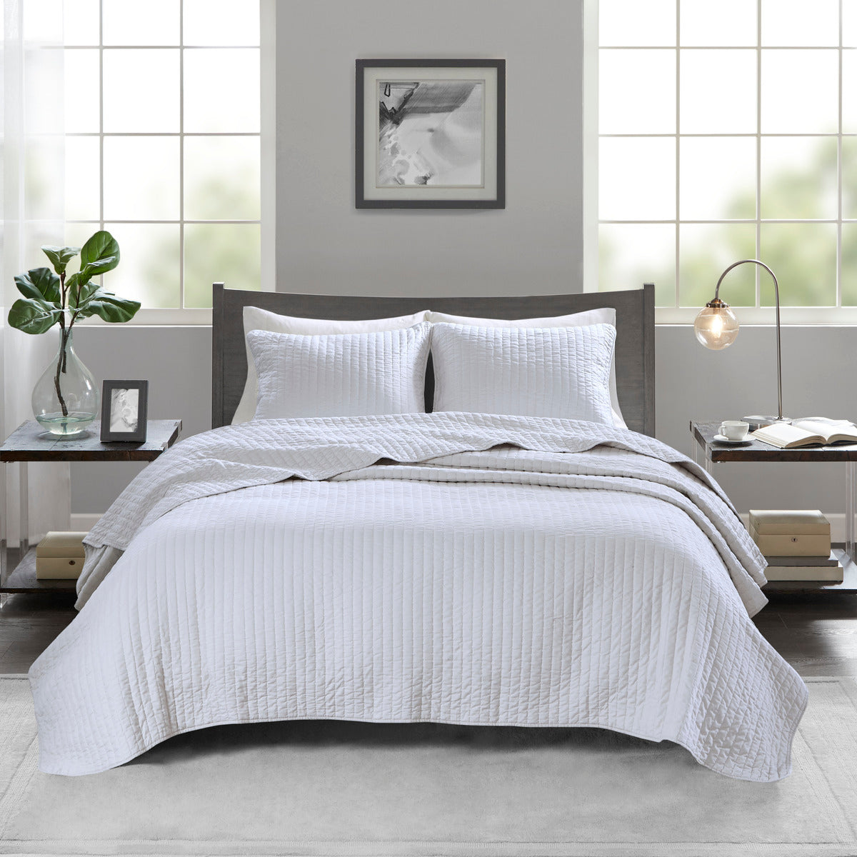 3 Piece Quilt Set White King Cal King King White Cotton