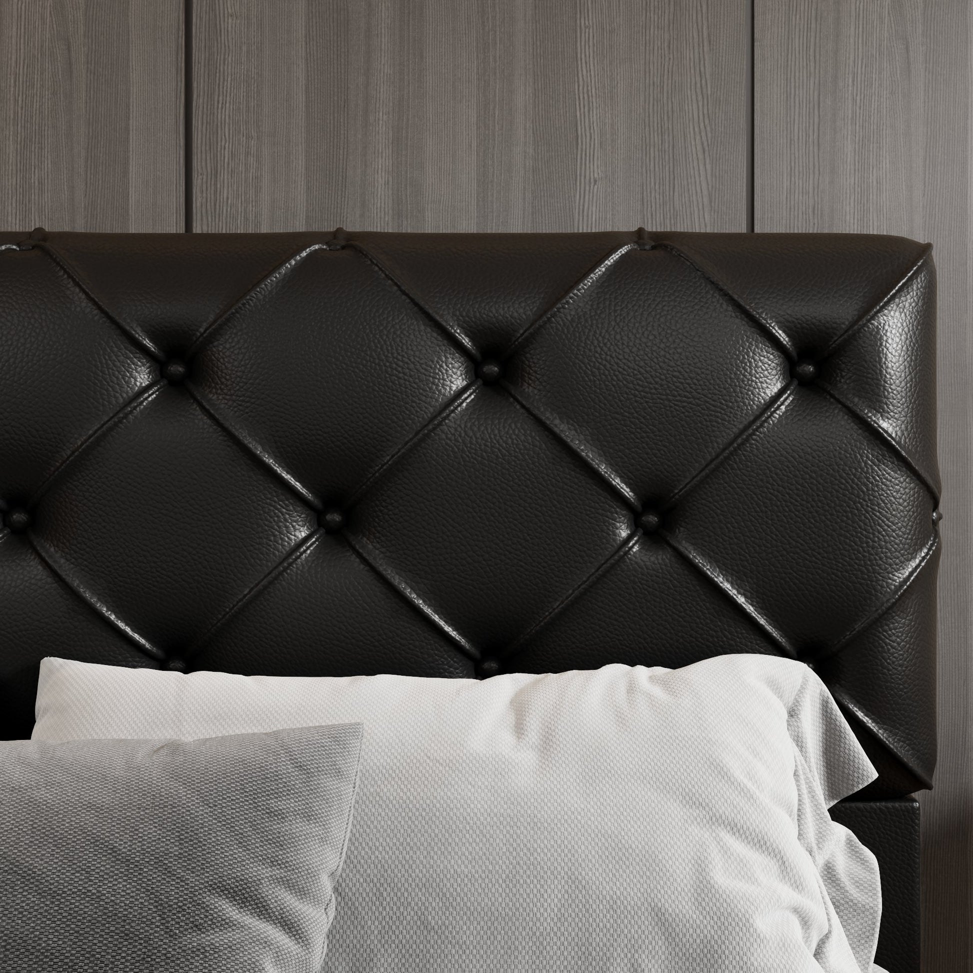 Queen Size Tufted Upholstered Platform Bed, Black Box Spring Not Required Queen Black Wood Bedroom Bed Frame Faux Leather Upholstered