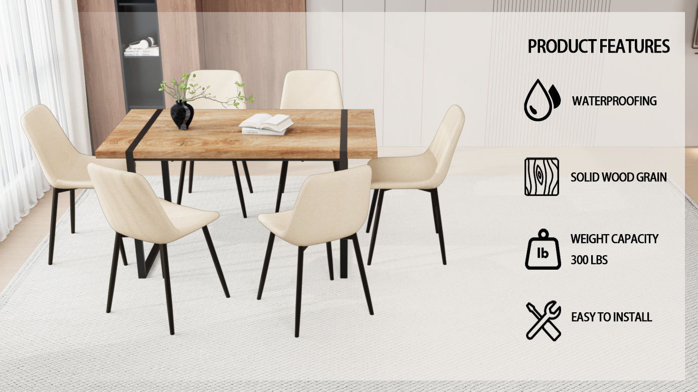 59" Mdf Natural Wood Dining Table And Modern Dining Chair 8 Piece Set, Medieval Kitchen Dining Table Set, Rectangular Metal Base, Dining Table And Suede Chair Beige Buy 6 Chairs And Get 2 Free Beige