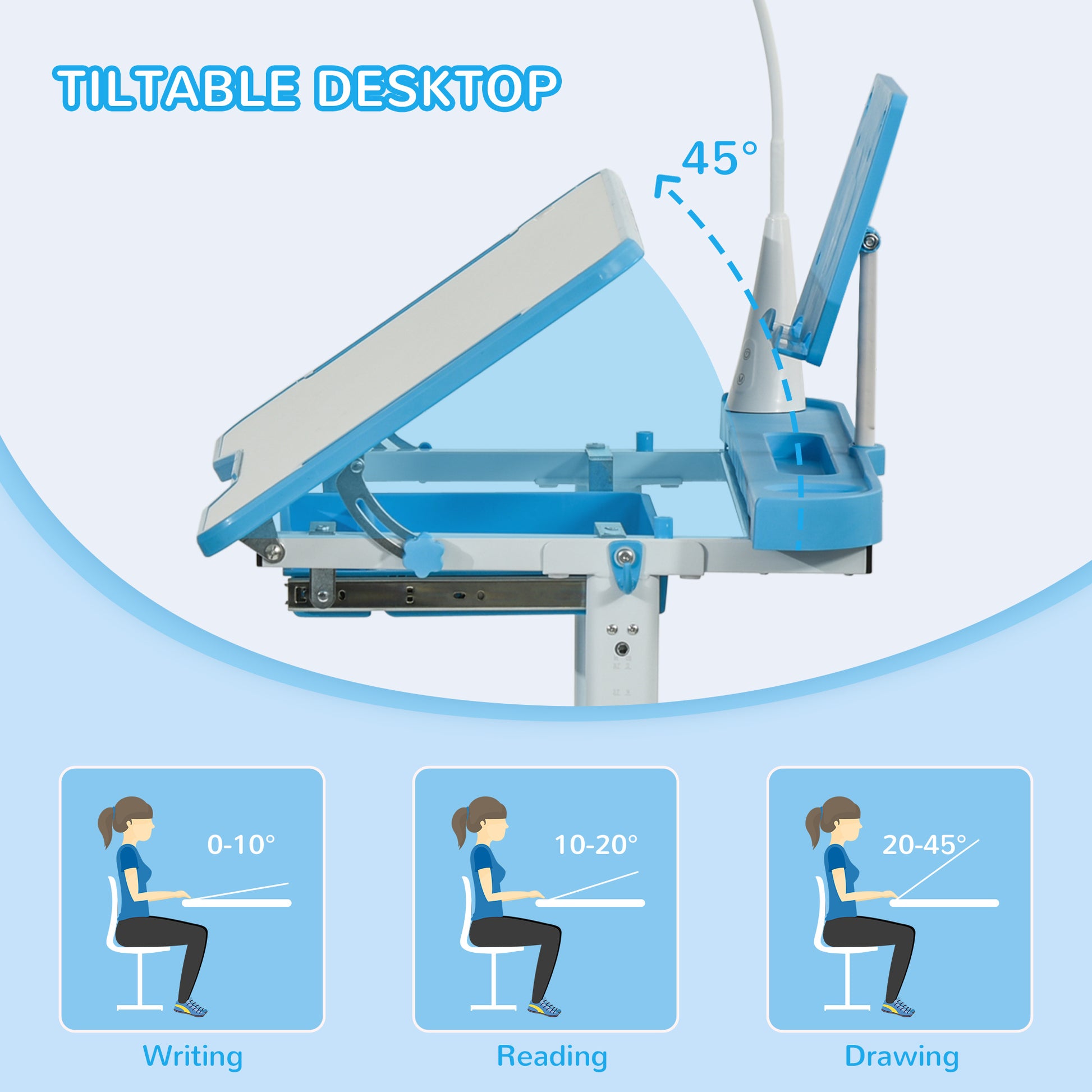 Qaba Kids Desk And Chair Set, Height Adjustable School Study Table And Chair, Student Writing Desk With Tilt Desktop, Led Light, Pen Box, Drawer, Reading Board, Cup Holder, And Pen Slots, Blue Blue Plastic