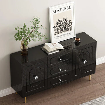 59" 2 Door 3 Drawers Wood Black High Gloss Finish Sideboard Black Dining Room Minimalist,Modern Soft Close Doors Mdf