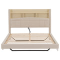 Full Size Upholstered Floating Bed With Led And Storage Headboard, Beige Box Spring Not Required Full Beige Wood Bed Frame Linen Upholstered