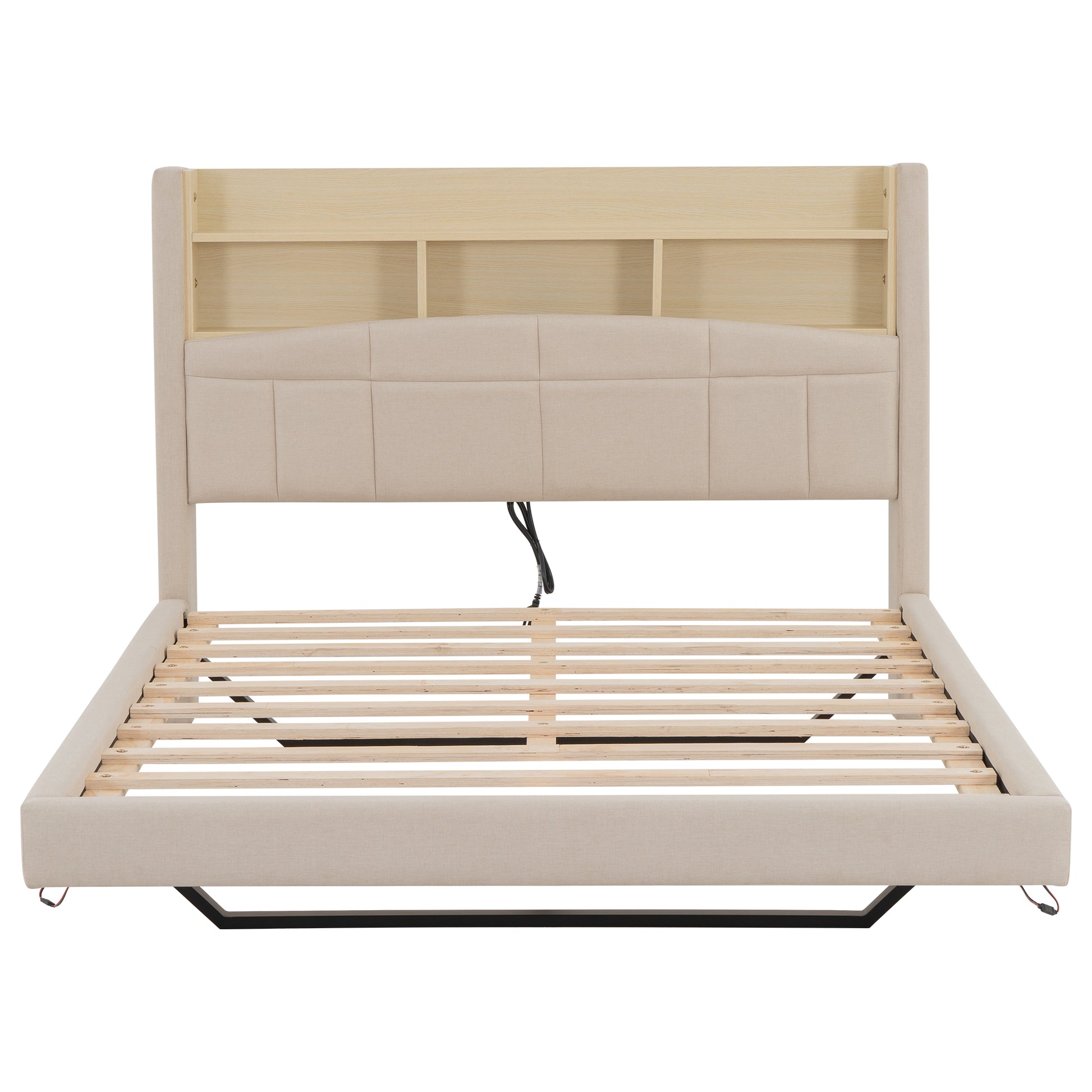 Full Size Upholstered Floating Bed With Led And Storage Headboard, Beige Box Spring Not Required Full Beige Wood Bed Frame Linen Upholstered