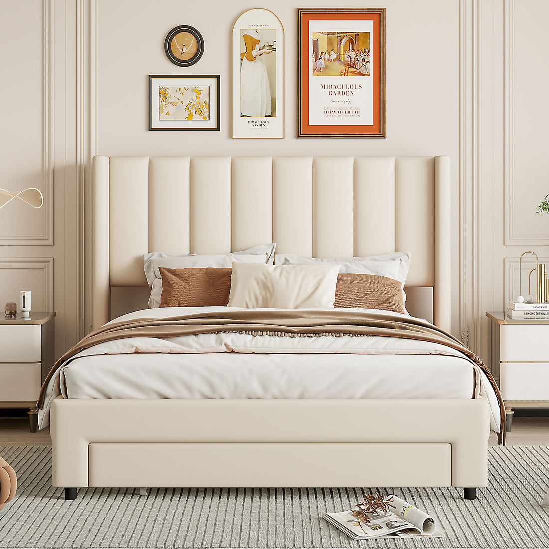 Full Size Storage Bed Velvet Upholstered Platform Bed With A Big Drawer Beige Old Sku:Wf296850Aaa Full Beige Velvet