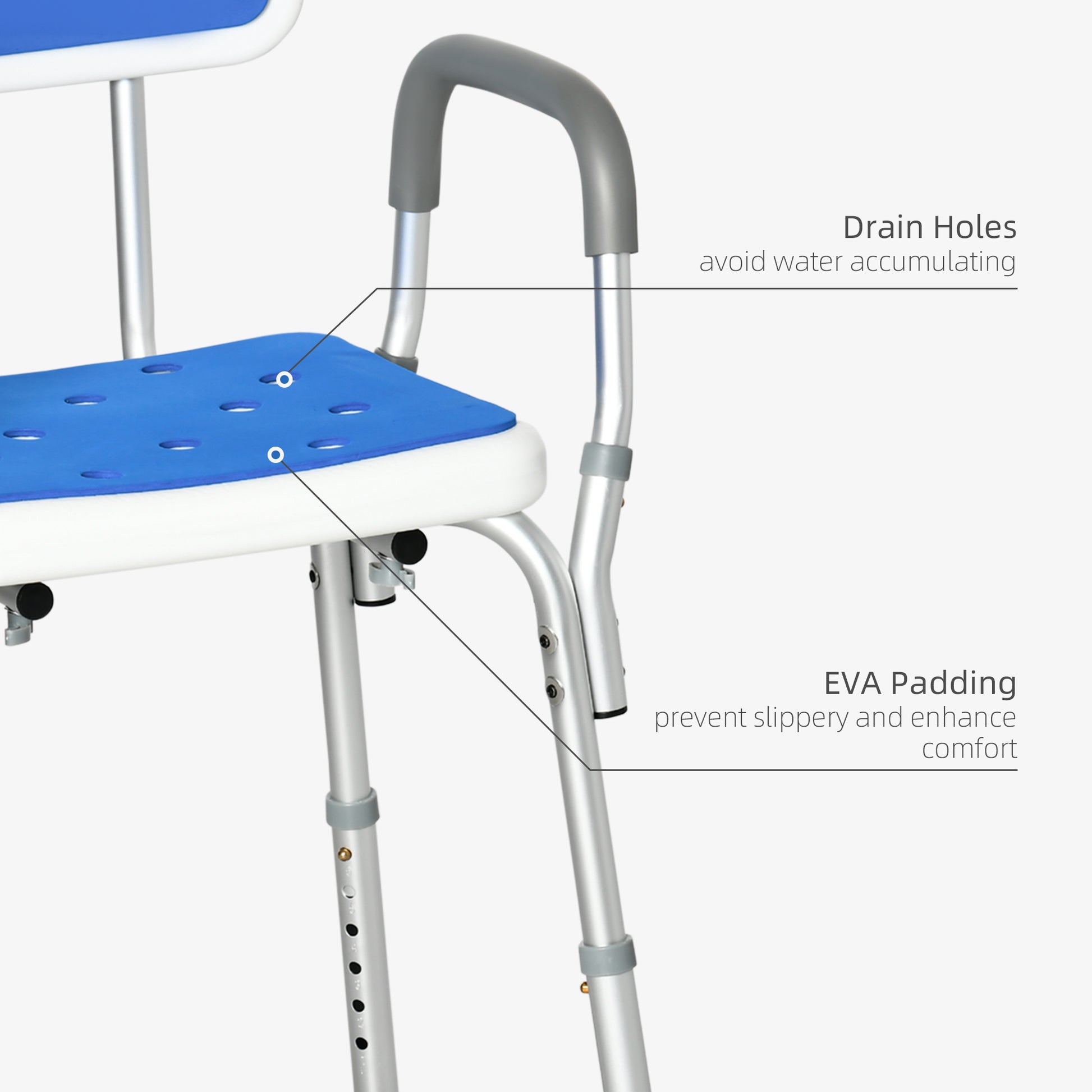 Homcom Eva Padded Shower Chair With Arms And Back, Bath Seat With Adjustable Height, Anti Slip Shower Bench For Seniors And Disabled, Tool Free Assembly, 299Lbs Blue Aluminum