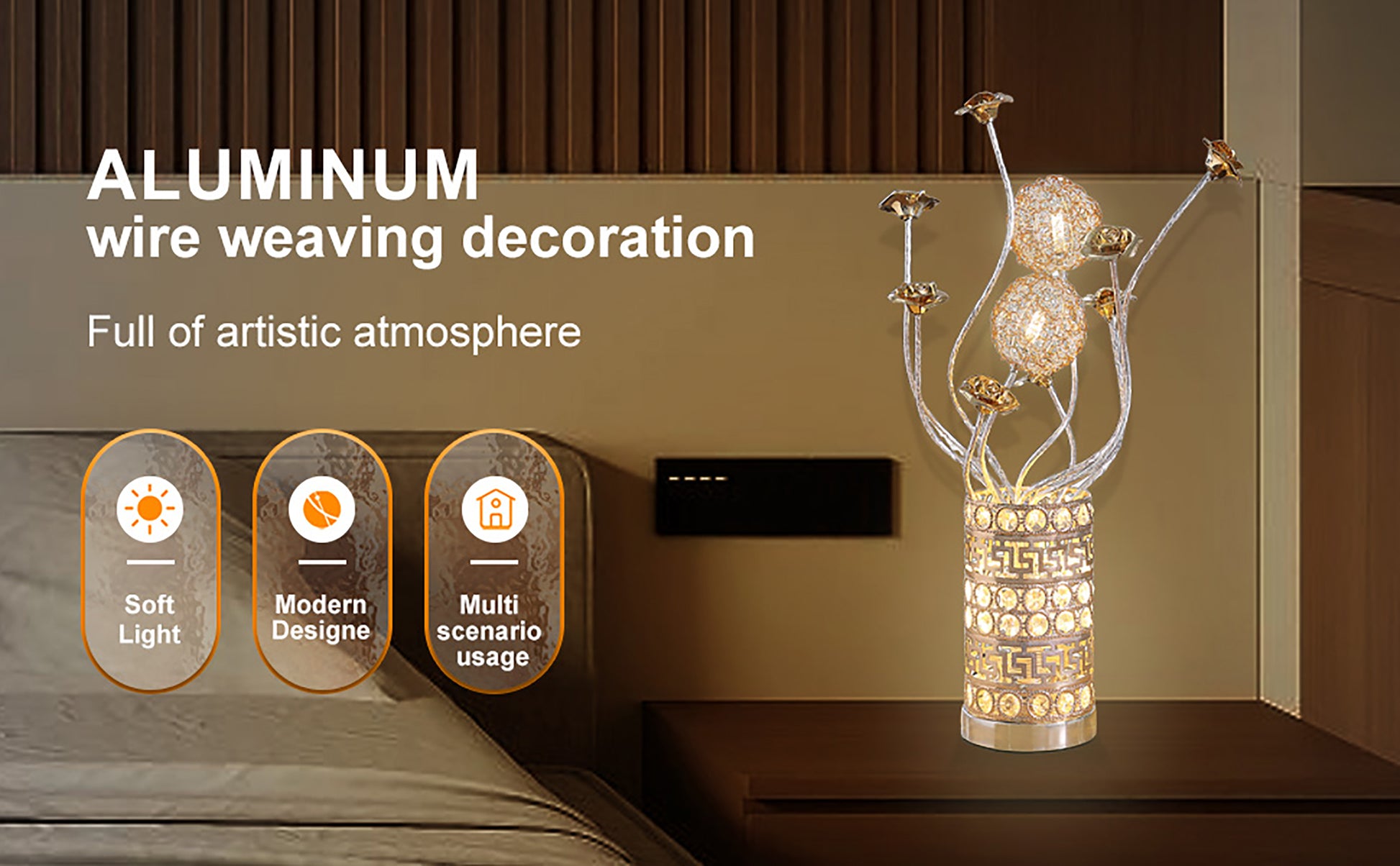 Aluminum Golden Rose Copper Silver Wire Bud Flower Bud Table Lamp For Living Room, Nightstand Bedside Table Lamp For Bedroom, Led Lamp Multicolor Aluminium