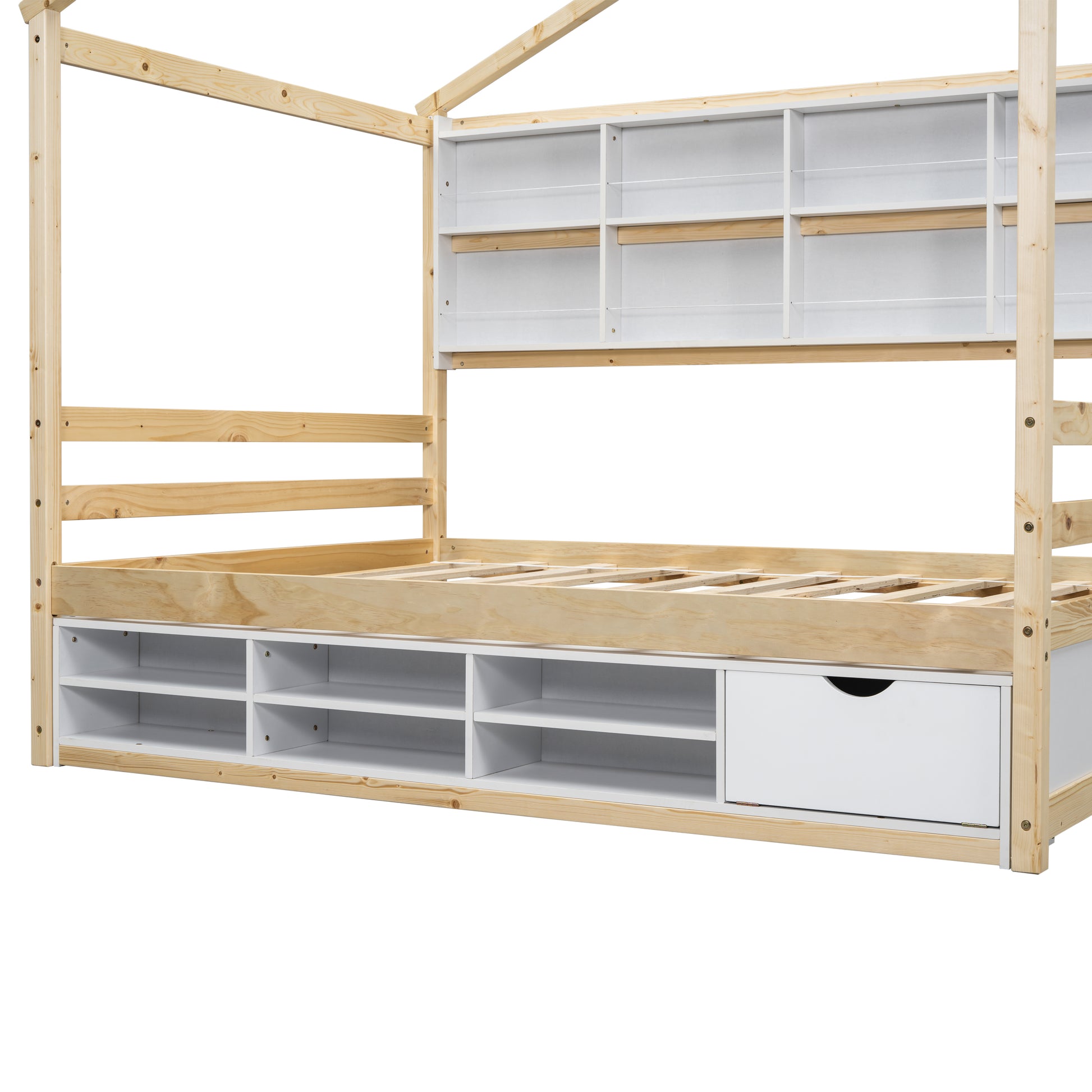 Full House Bed With Roof Frame, Bedside Shelves, Under Bed Storage Unit,Natural Full Natural American Design Pine