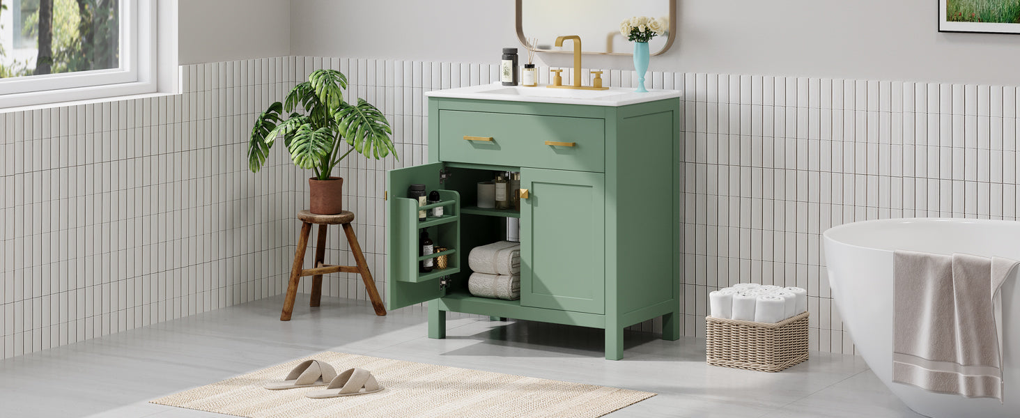 30 Inch Bathroom Vanity With Ceramic Sink, Modern Green Single Bathroom Cabinet With 2 Doors And A Shelf, Soft Close Doors Green Bathroom Solid Wood Mdf