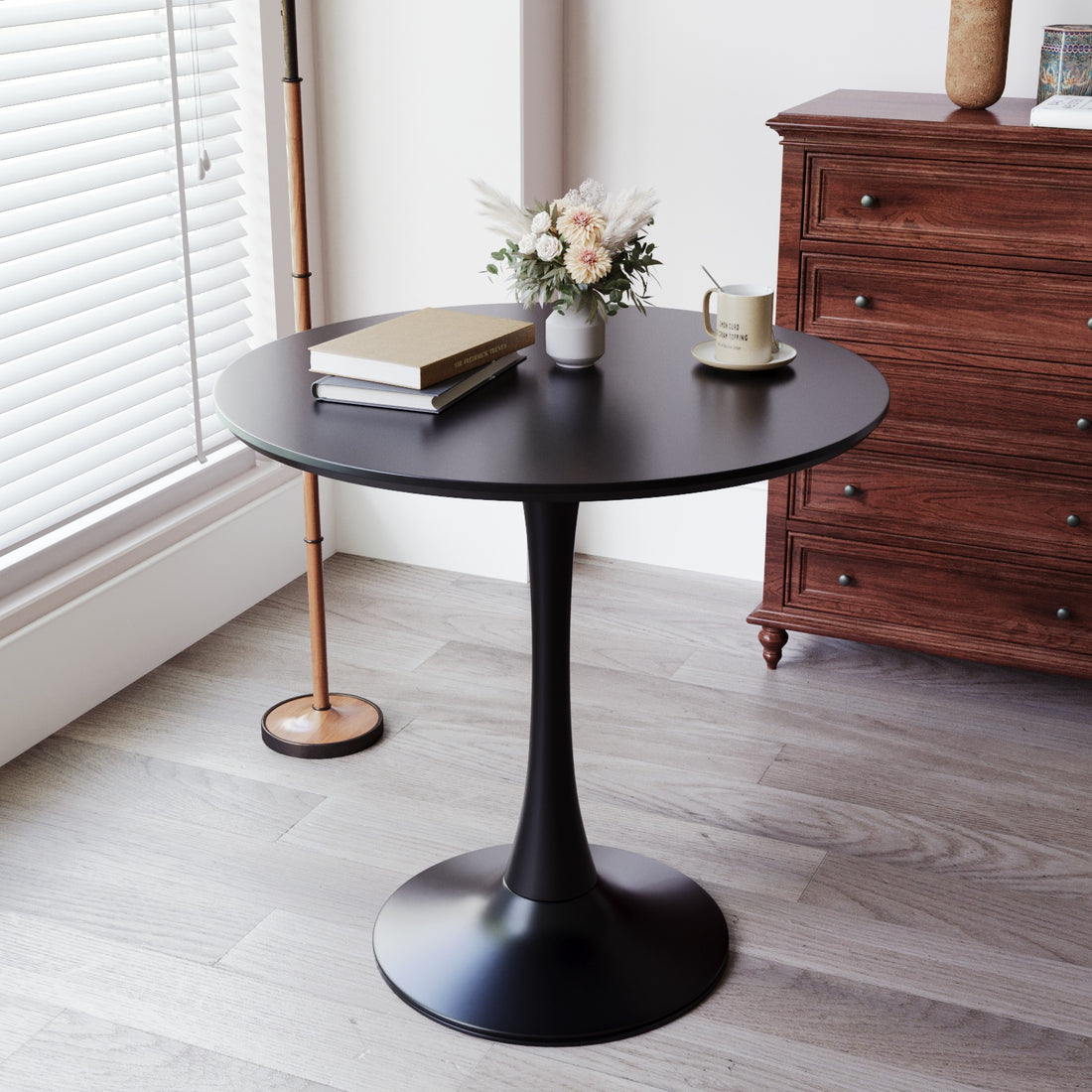 Black Round Dining Table, 31.5" Tulip Table Kitchen Dining Table 2 4 People With Mdf Table Top & Pedestal Base, Mid Century End Table Leisure Coffee Table Office Living Room Table Black Kitchen Round Mdf
