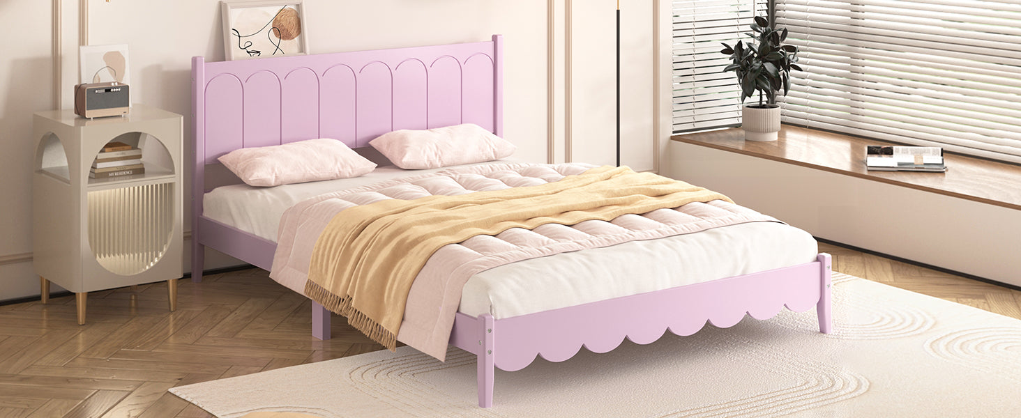 Queen Size Wood Platform Bed Frame, Retro Style Bed With Rectangular Headboard,No Need Box Spring,Pink Queen Pink Wood