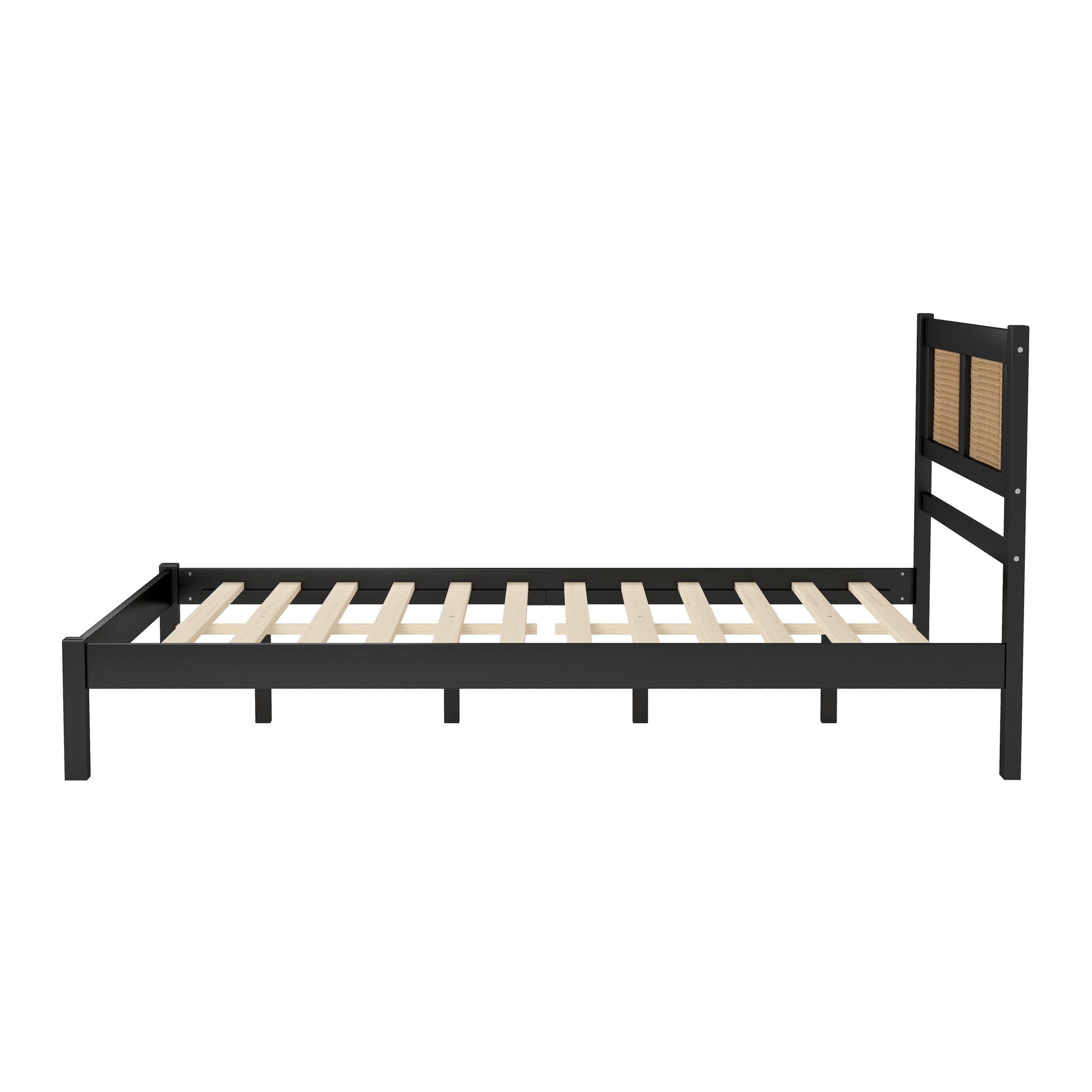 3 Pieces Bedroom Sets Queen Size Wooden Platform Bed With Natural Rattan Headboard, Nightstands Set Of 2 With Rattan Woven Surfaces And Three Drawers For Bedroom, Black Black Particle Board
