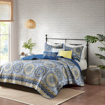 6 Piece Reversible Quilt Set With Throw Pillows Blue King Cal King Blue Cotton