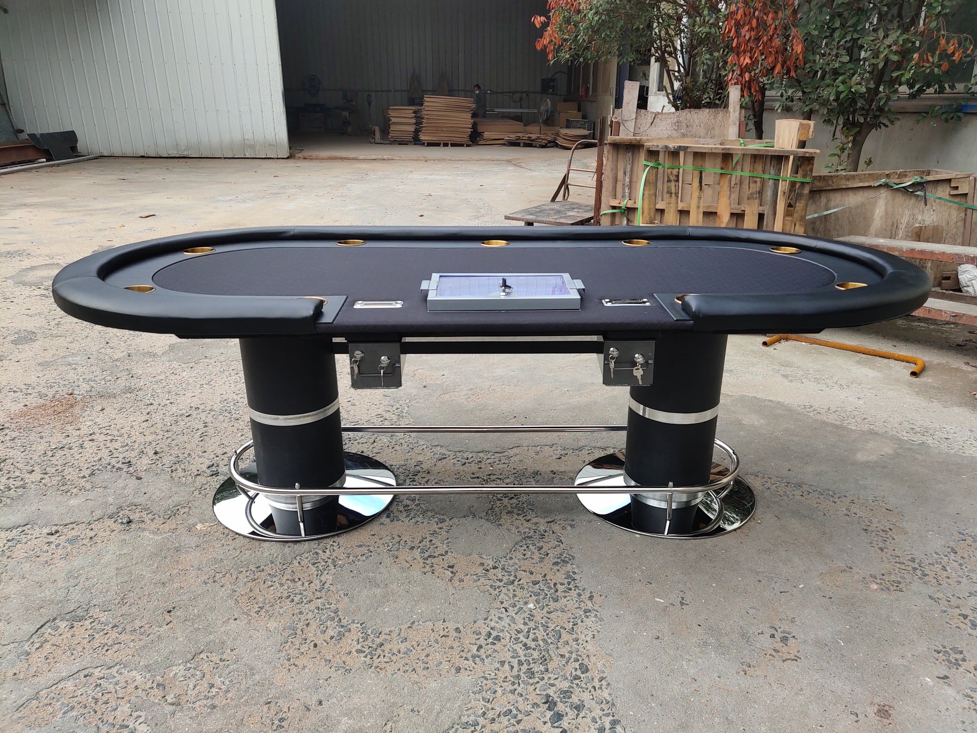 96" Poker Table For Casino Game Texas Holdem Oval Black With Waterproof Felt Chips Tray Drop Box Black Primary Living Space Modern Wood