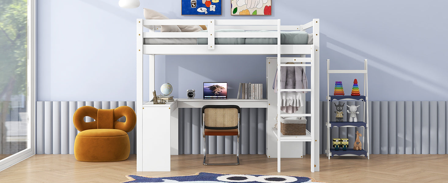 Twin Size Loft Bed With L Shaped Desk, Wardrobe And Storage Shelves, White Box Spring Not Required Twin White Wood Bedroom Solid Wood Mdf