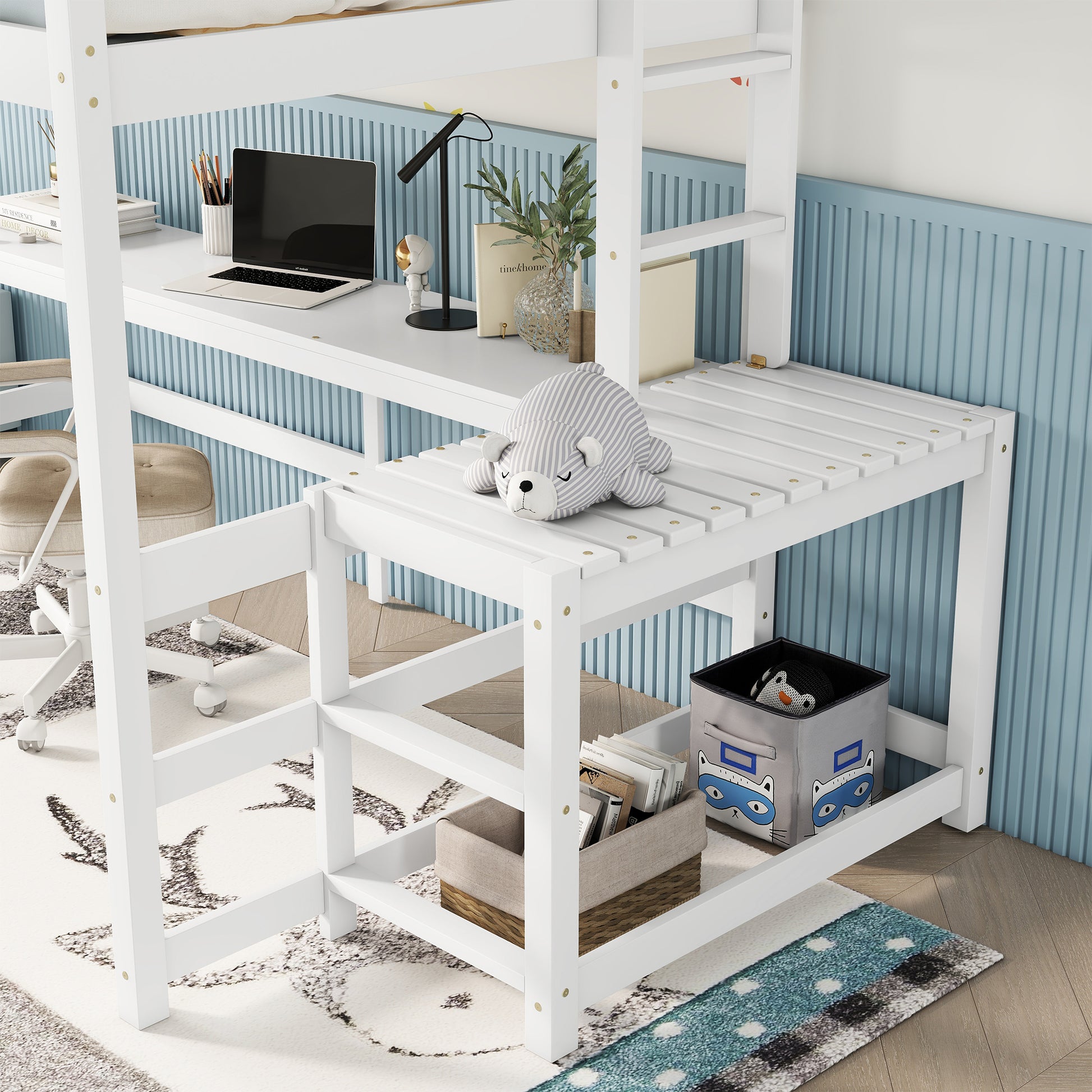 Full Loft Bed With Built In Desk, Ladder Platform, Ladders, Guardrails,White Full White Bedroom American Design Pine