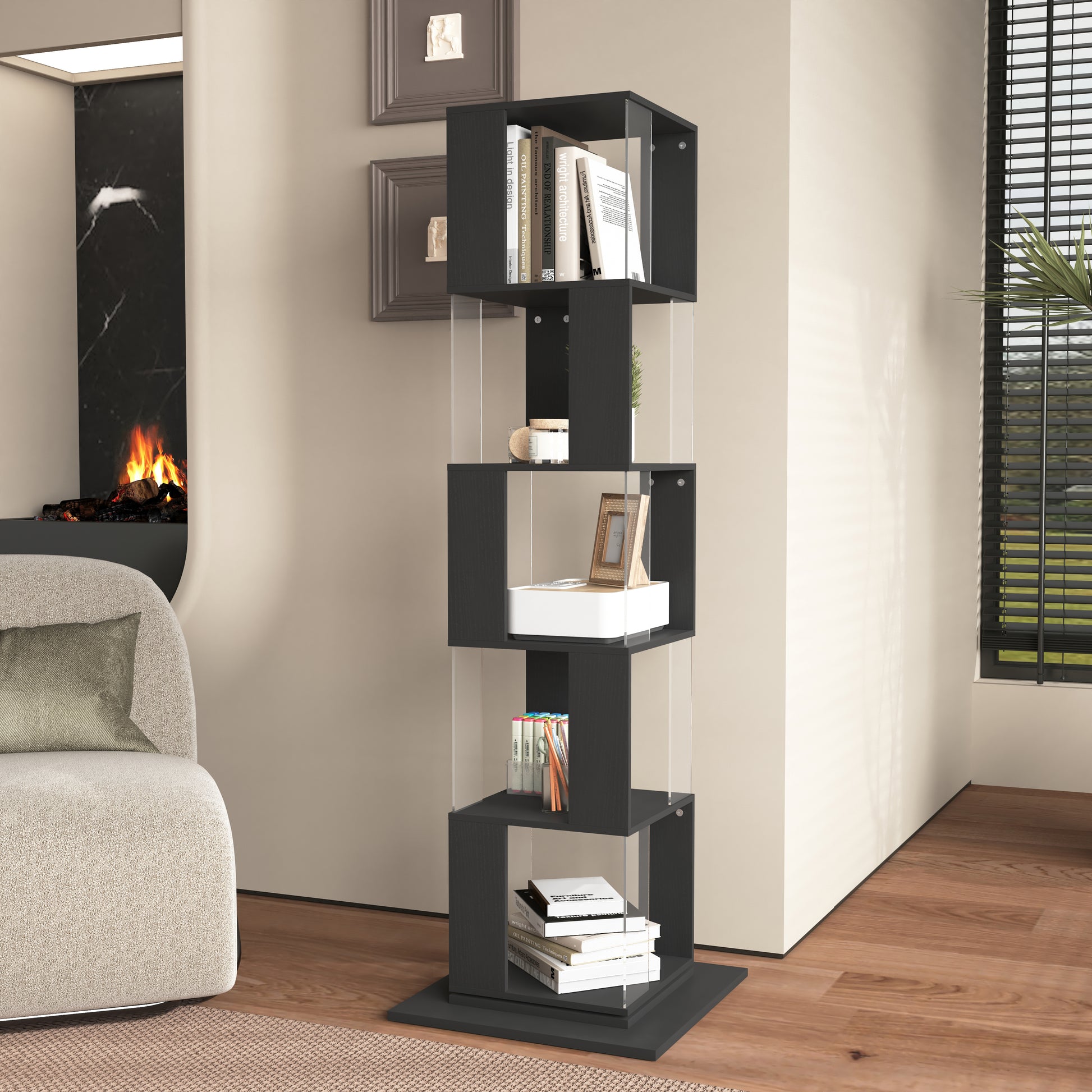 5 Tier Rotating Bookshelf, Floor Rack Simple Bookcase With Acrylic Plate Student Multi Function Creative Bookshelf For Living Room With Anti Toppling Base Black Particle Board